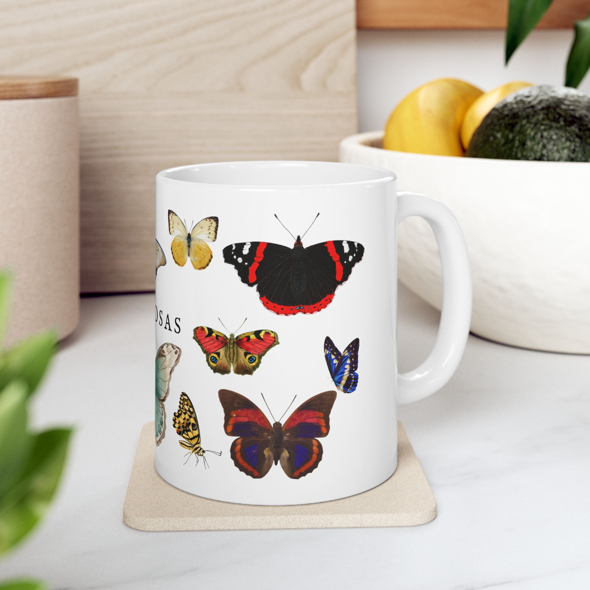Mariposas Butterfly Ceramic Mug, Vintage style spanish 11oz & 15oz Coffee Cup