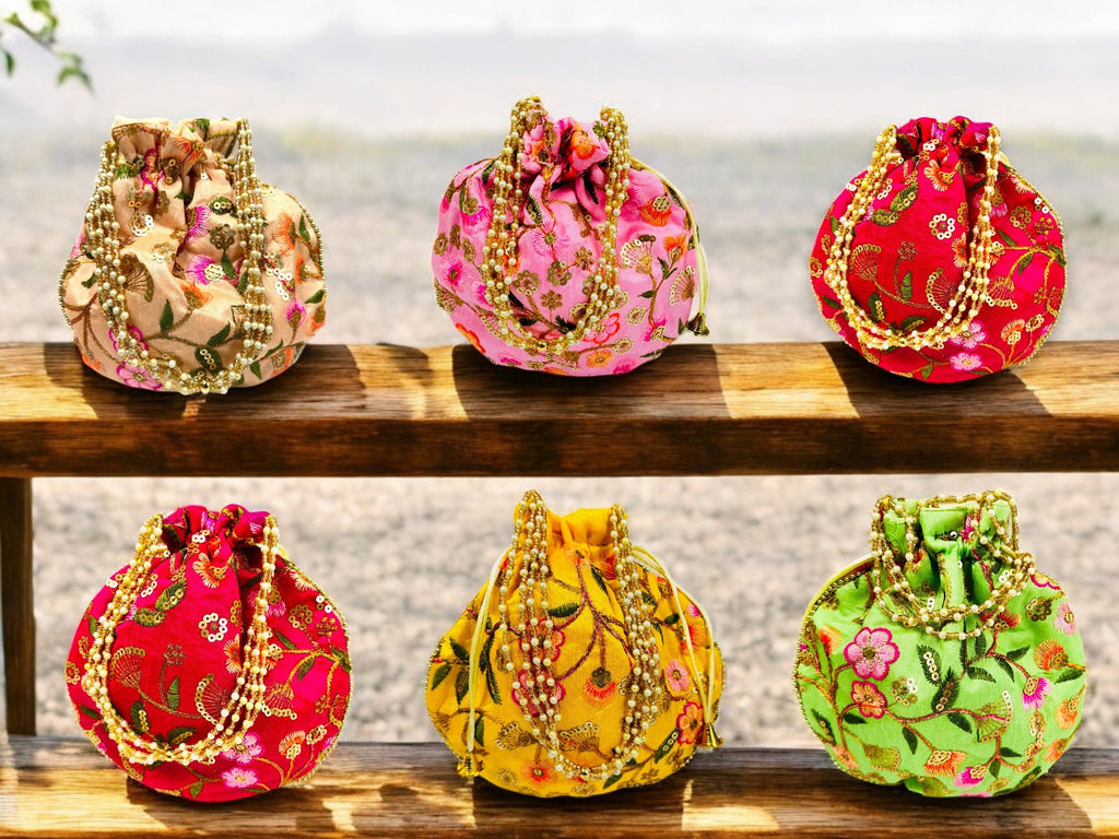 Embroidered Silk Potli Bag, Set of 6