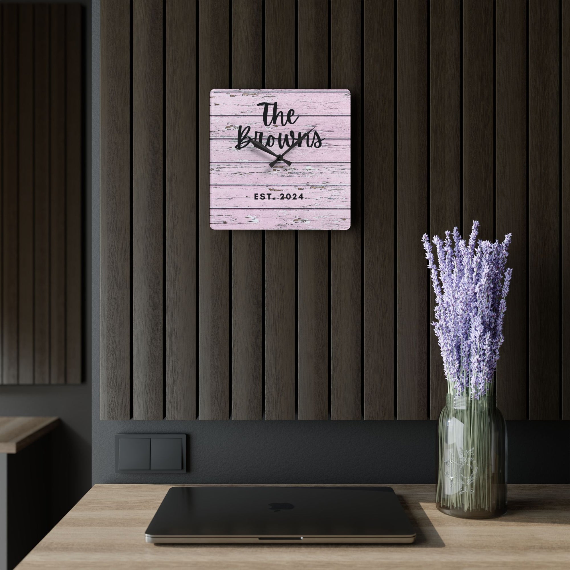Custom pink rustic Acrylic Wall Clock, Personalized family name
