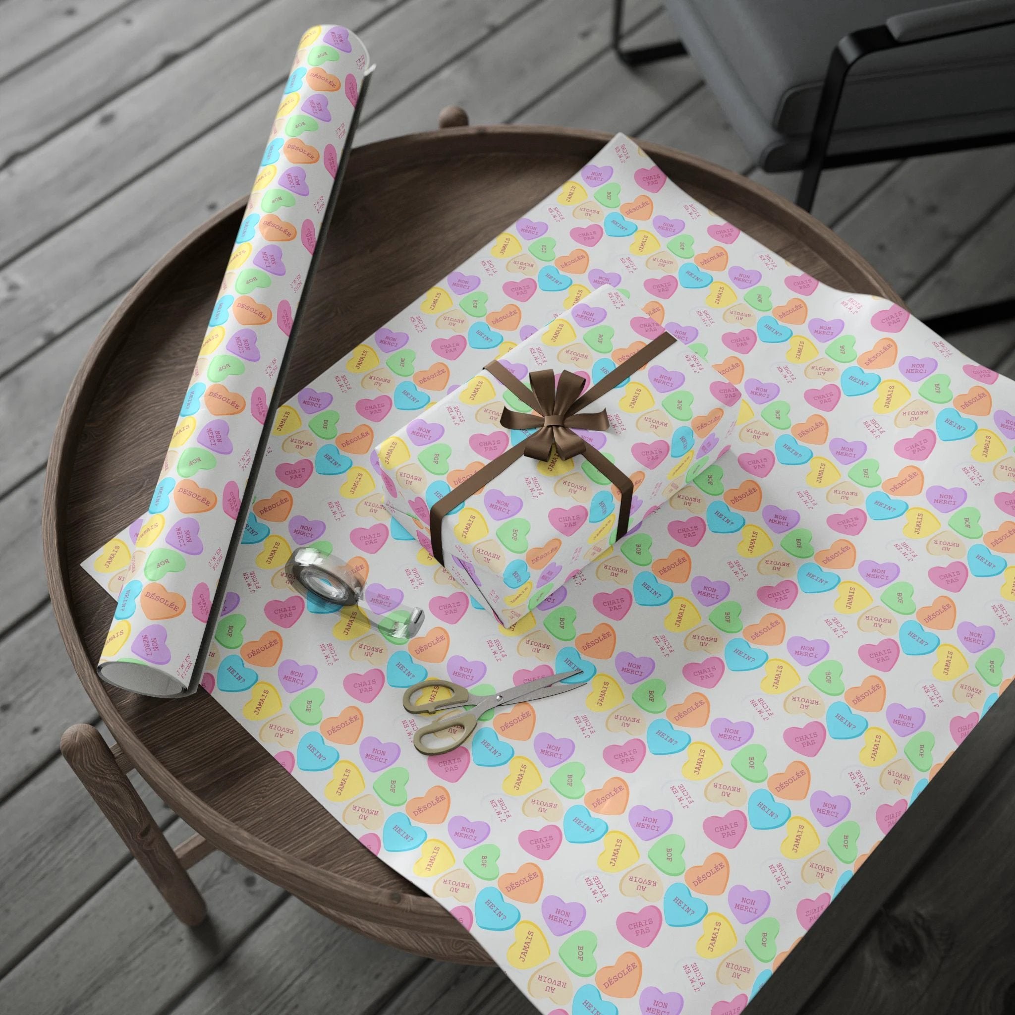 Sassy French Conversation candy Heart Wrapping Paper, Pastel Valentine Gift Wrap by Printify