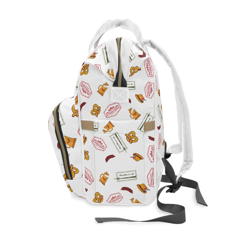 German goodies Diaper Backpack, White Travel Baby Bag with Berlin stamp, Bavarian pretzel, Fernsehturm tower, beer stein