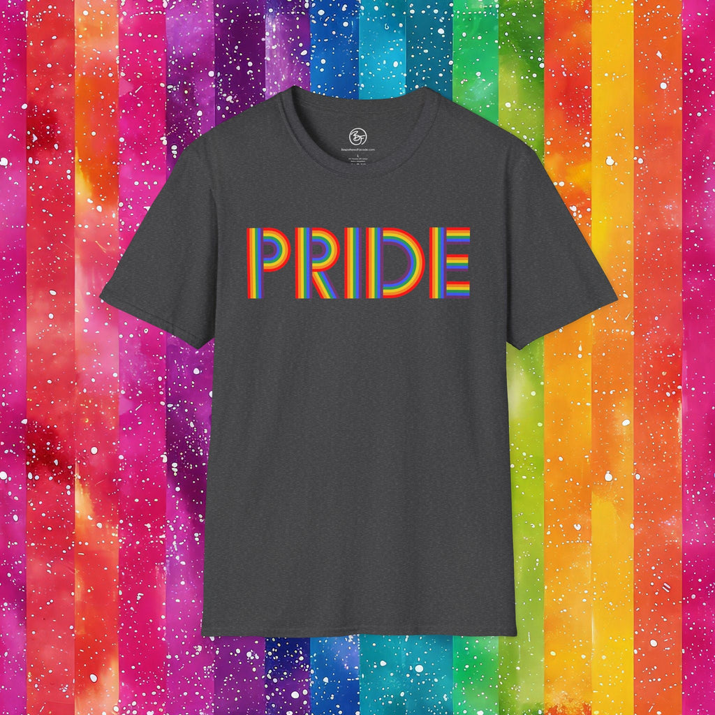 Bespattered Facade Rainbow Pride Ribbon Letters Unisex Softstyle T-Shirt