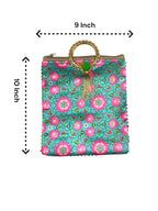 Lotus Print Silk Bags with Zipper & Round Handle, Set of 4