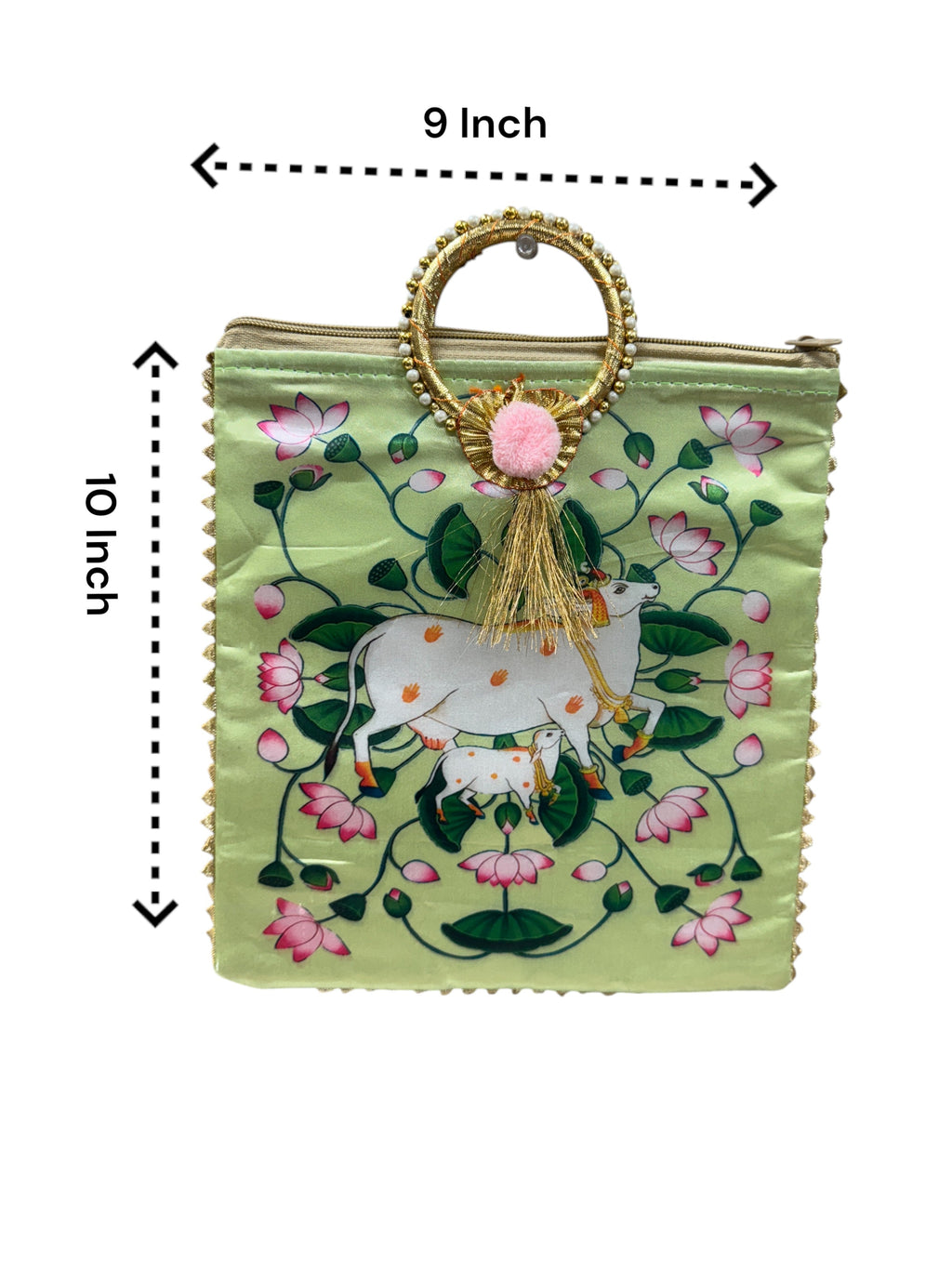 Pichwai Print Silk Bags with Zipper & Round Handle, Set of 5