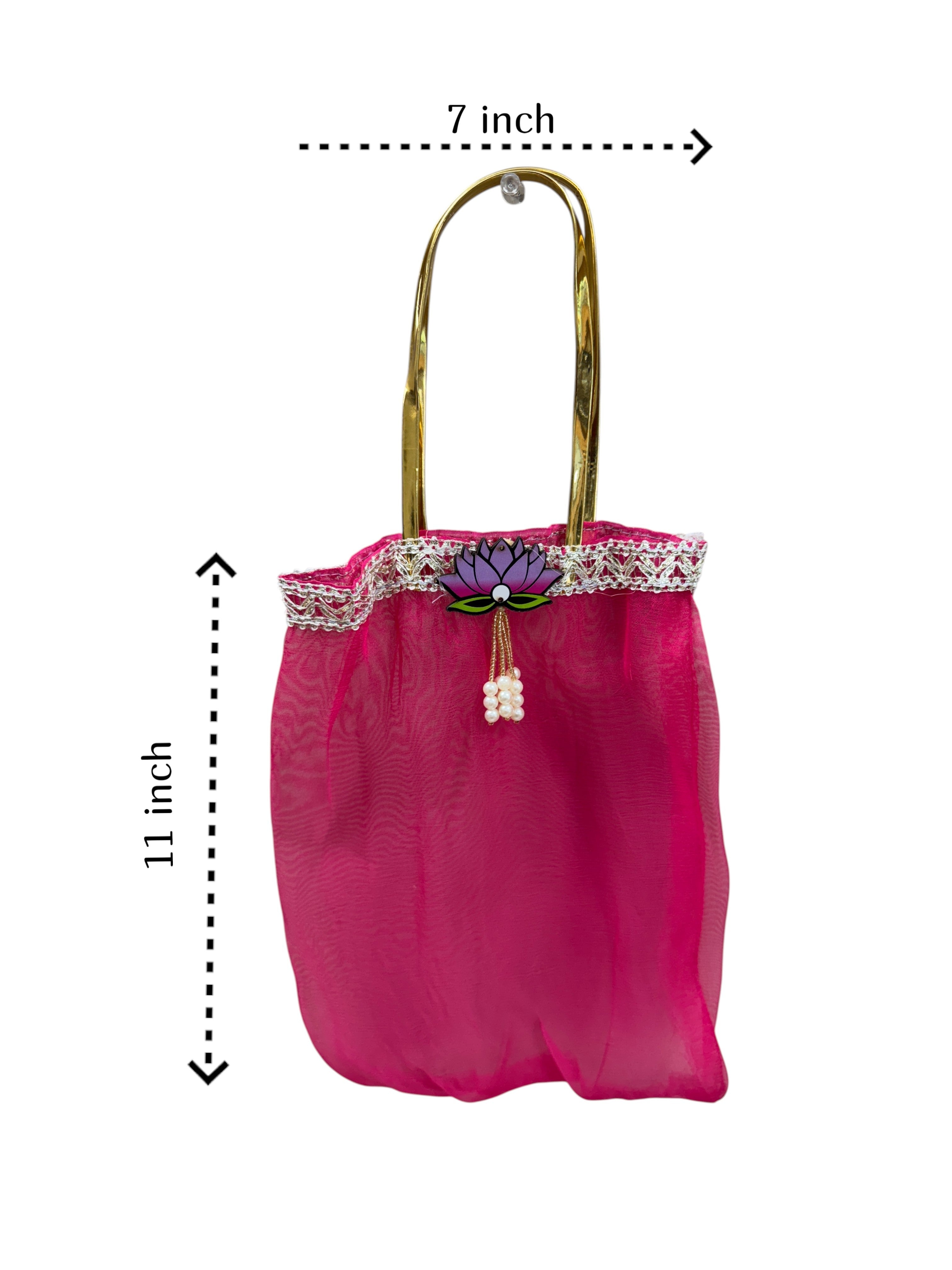 Set of 6 Tissue Fabric Bags with Lotus Embellishment & Golden Handles -Reusable & Eco Friendly Return Gift Bags