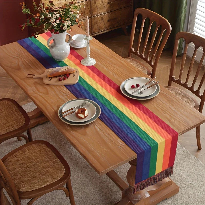 Rainbow Stripe Woven Table Runner With Colorful Fringe (3 sizes)