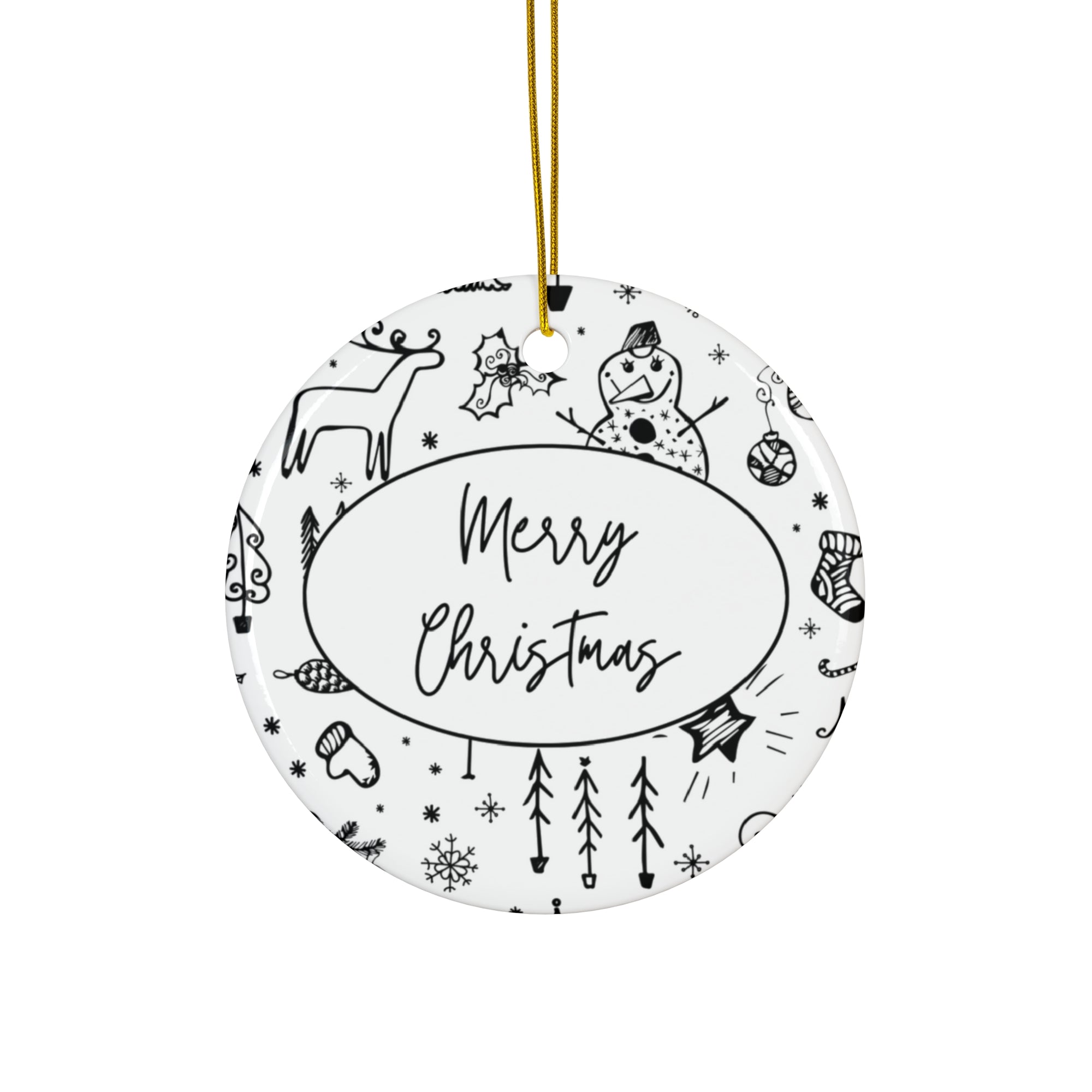 Black and White Merry Christmas Ceramic Ornament