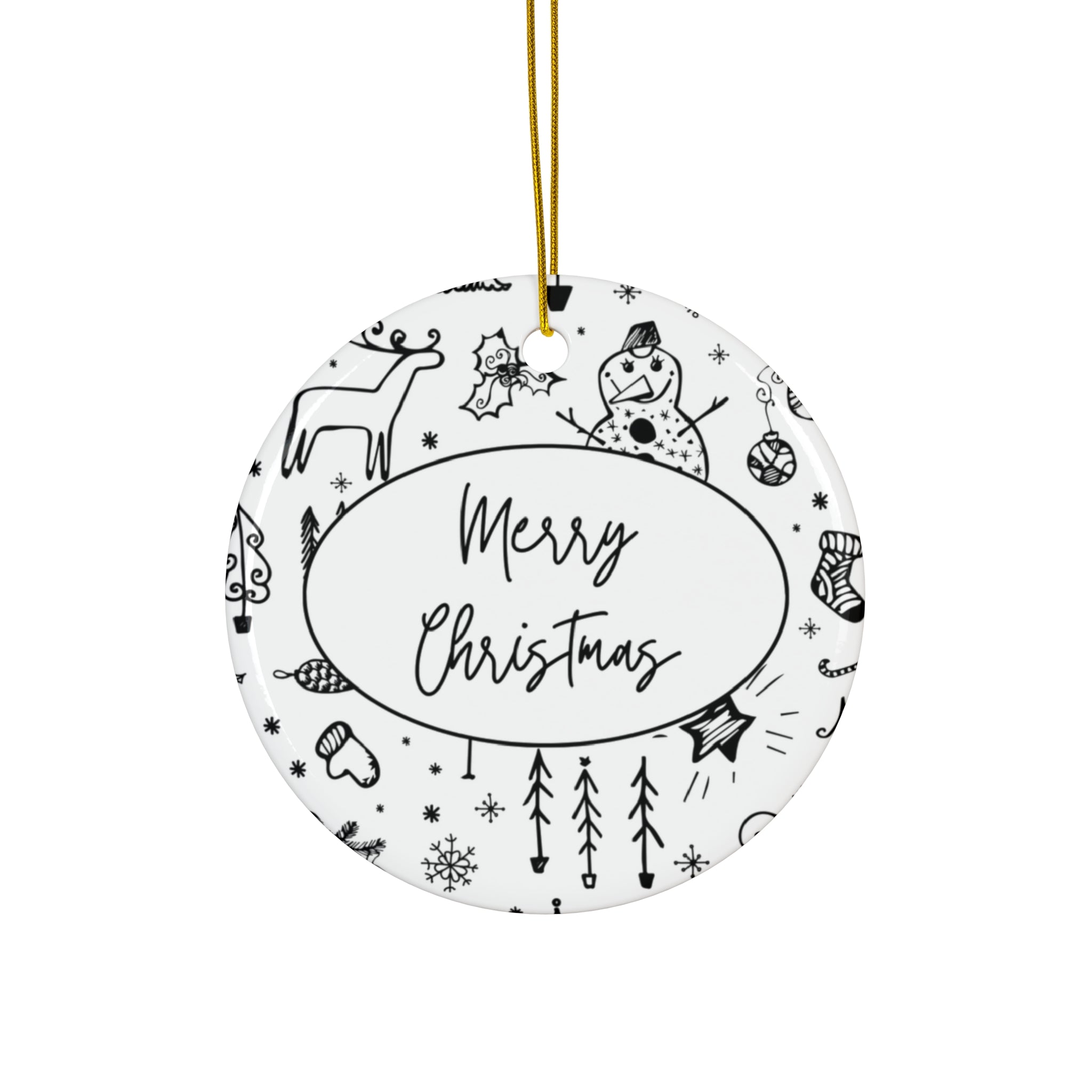 Black and White Merry Christmas Ceramic Ornament