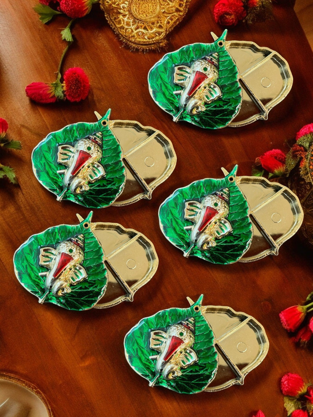 Haldi Kumkum Plate with Ganesha & Leaf, Set of 5