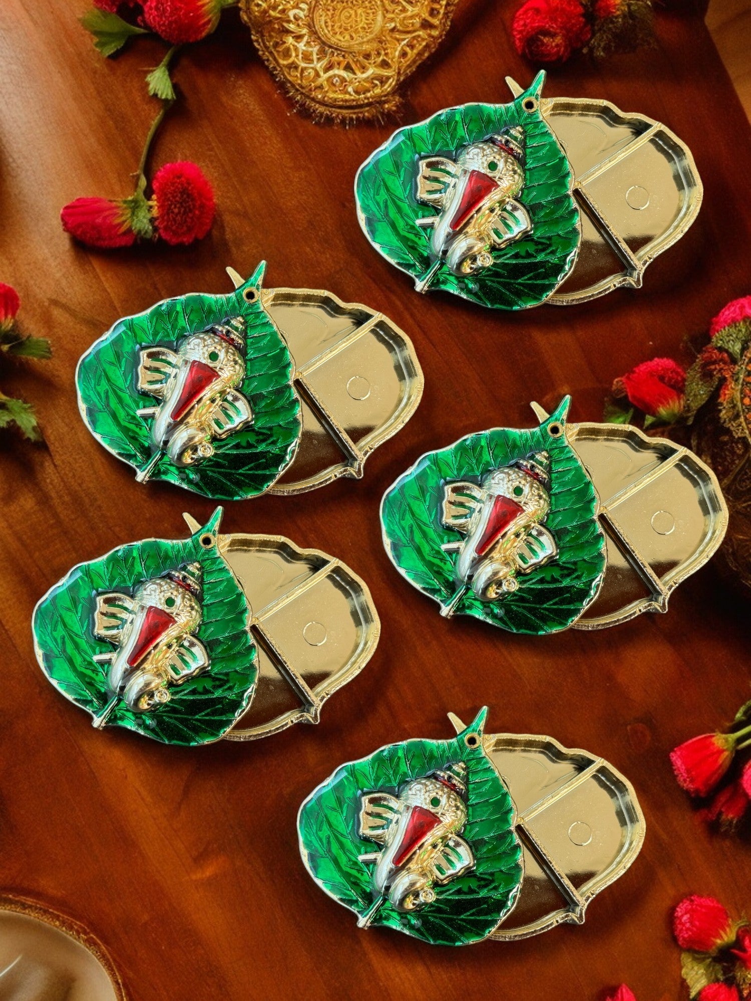 Haldi Kumkum Plate with Ganesha & Leaf, Set of 5