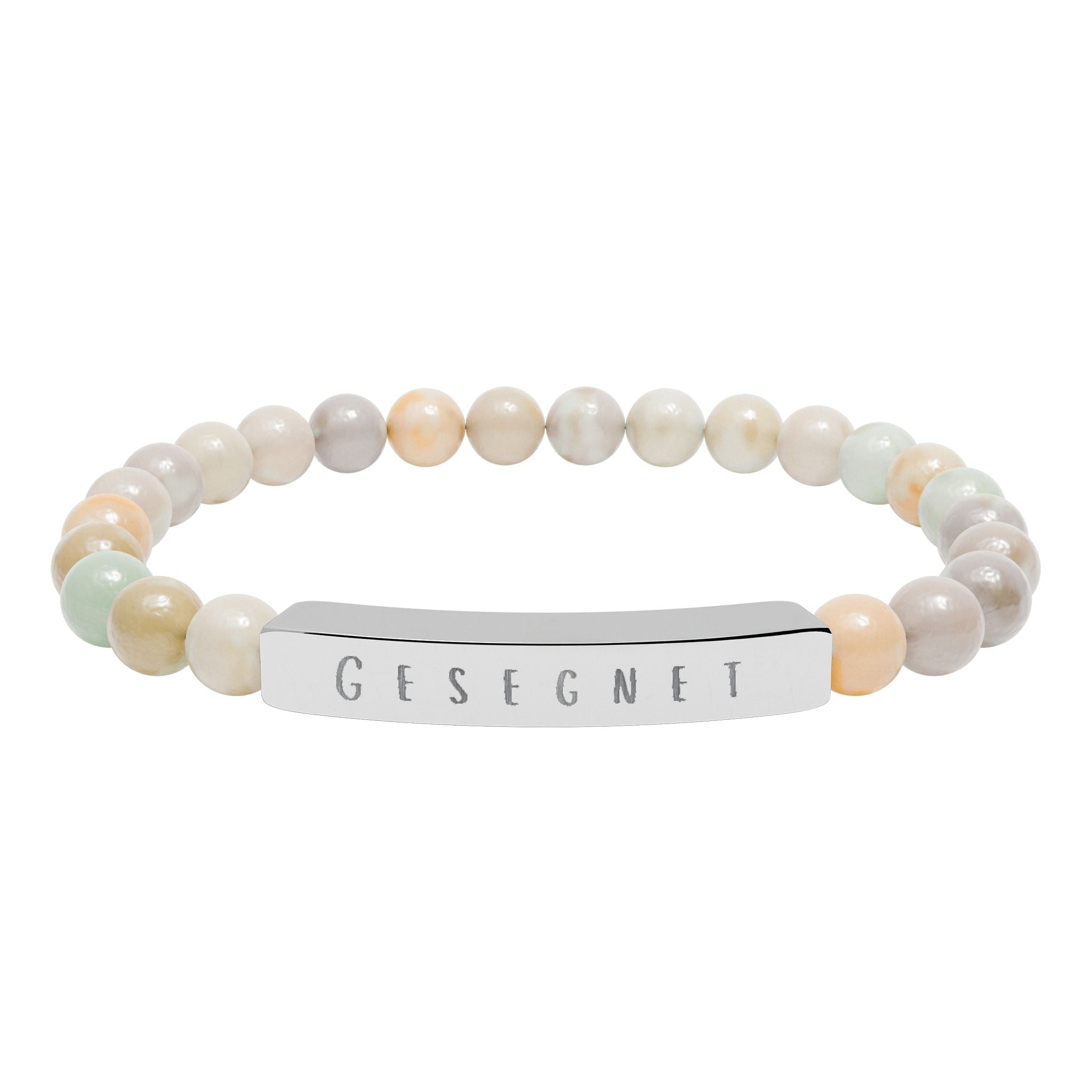 Gesegnet (Blessed) German Engravable Natural Stone Bar Bracelet — Stretch Gem Bead Bracelet