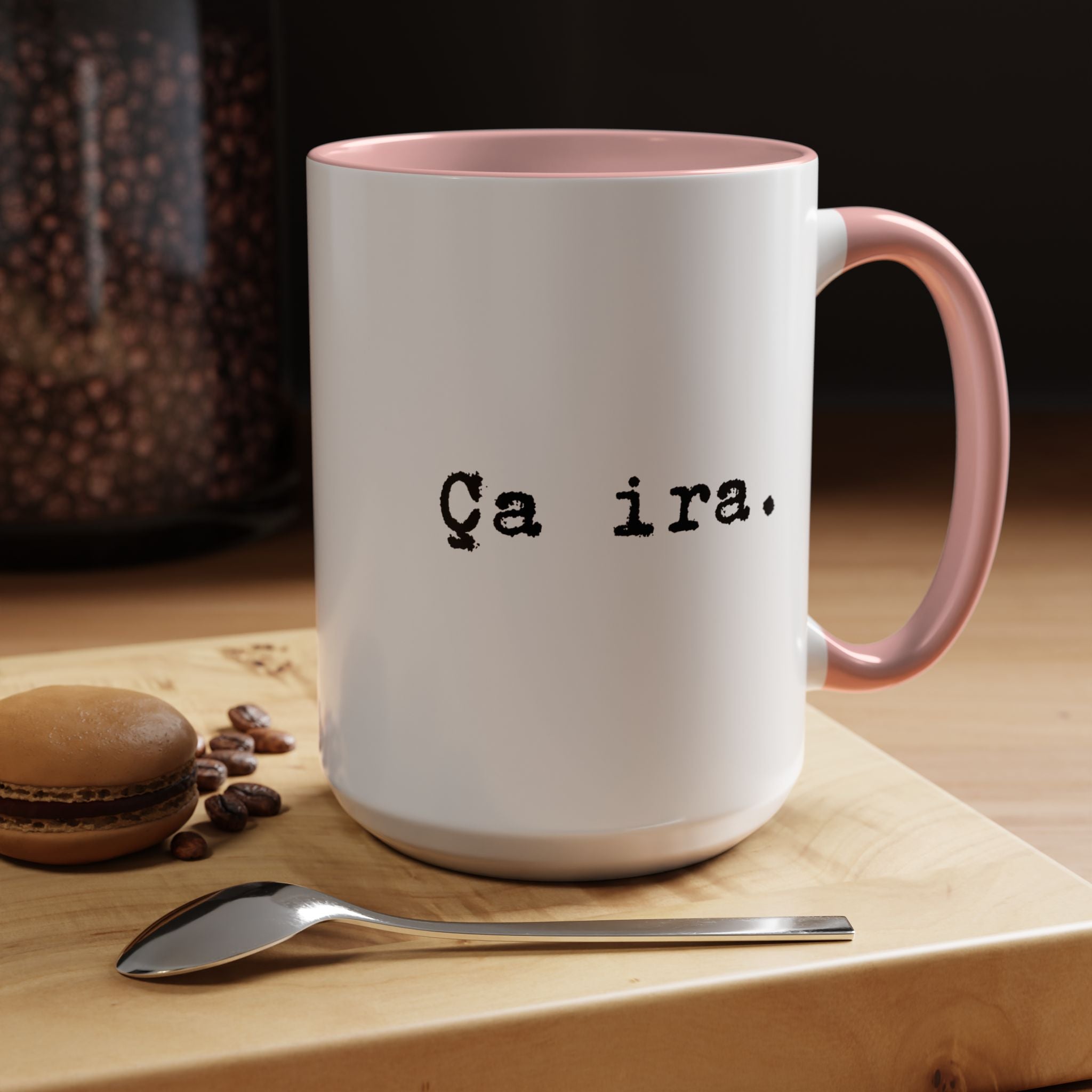 Ca ira Mug, French phrase, typewriter text, colorful accent handle