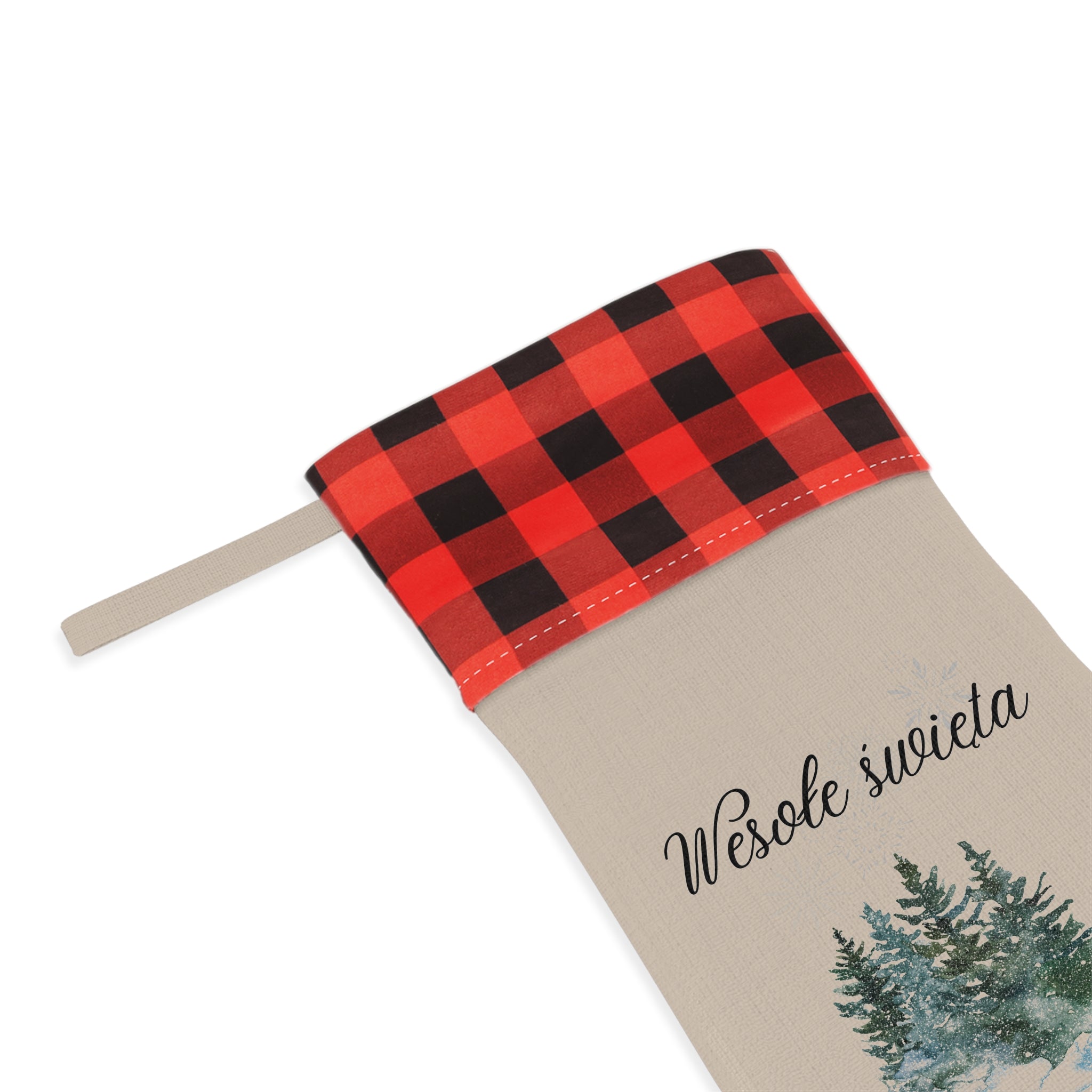 Wesołe święta Polish Merry Christmas pine trees Christmas Stocking, buffalo plaid cuff, beige fabric