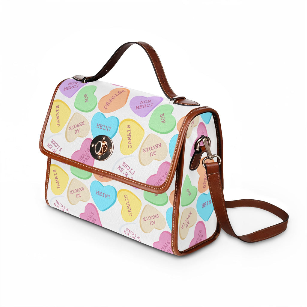Sassy French Conversation Heart Pattern Waterproof Canvas purse, Pastel Candy Hearts Purse