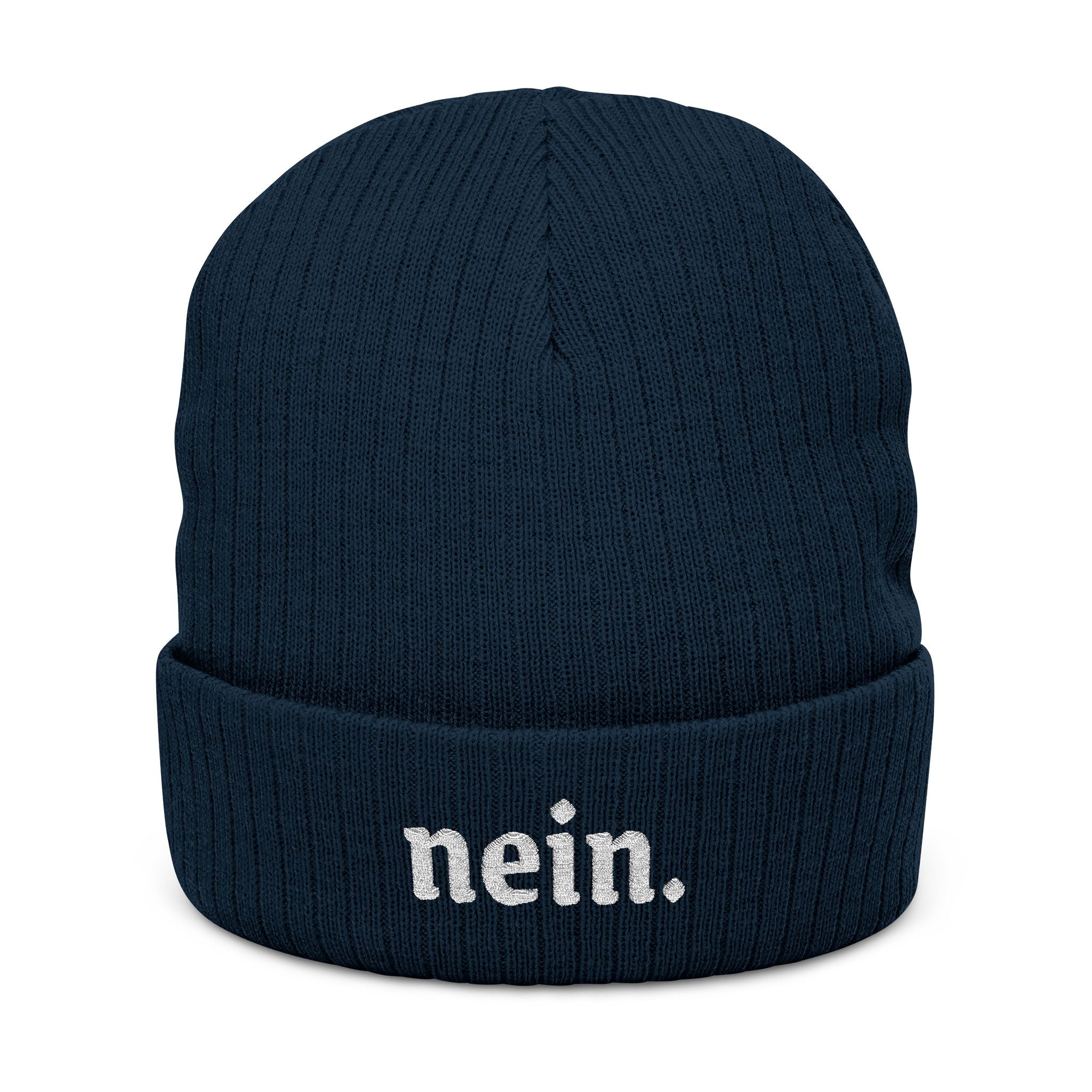 Nein Embroidered Ribbed Beanie — Cozy Black Knit Winter Hat for German speaker gifts