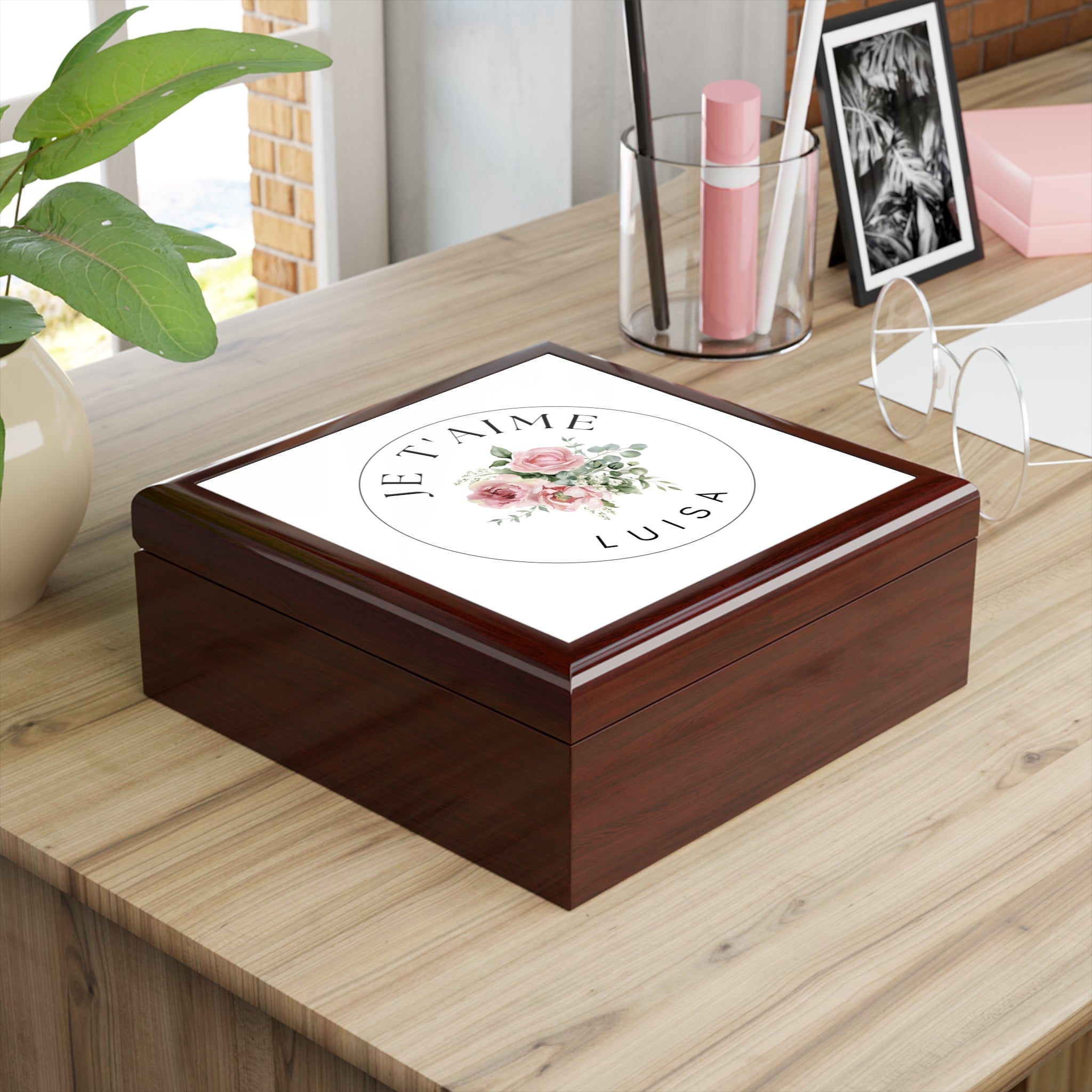 Personalized Je t'aime Wooden Jewelry Box, Custom French Keepsake Box