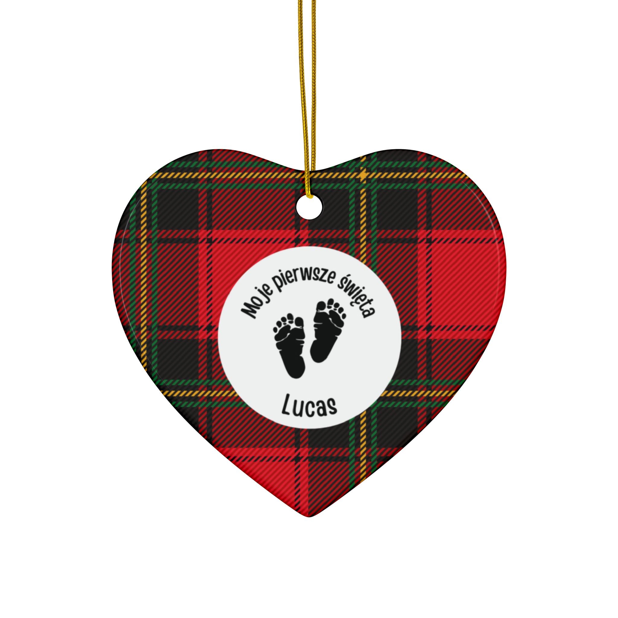 Moje pierwsze święta - Personalized Baby’s First Christmas Ceramic Ornament — Red Tartan Double-Sided