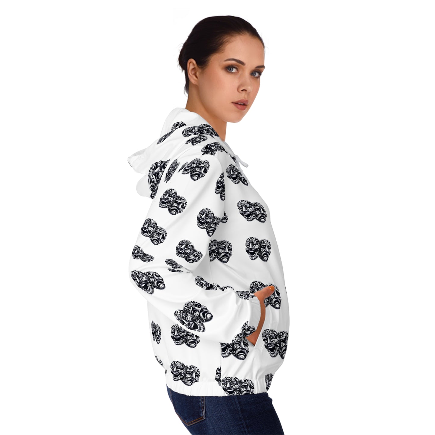 Sweat à capuche entièrement zippé avec motifs de masques de théâtre