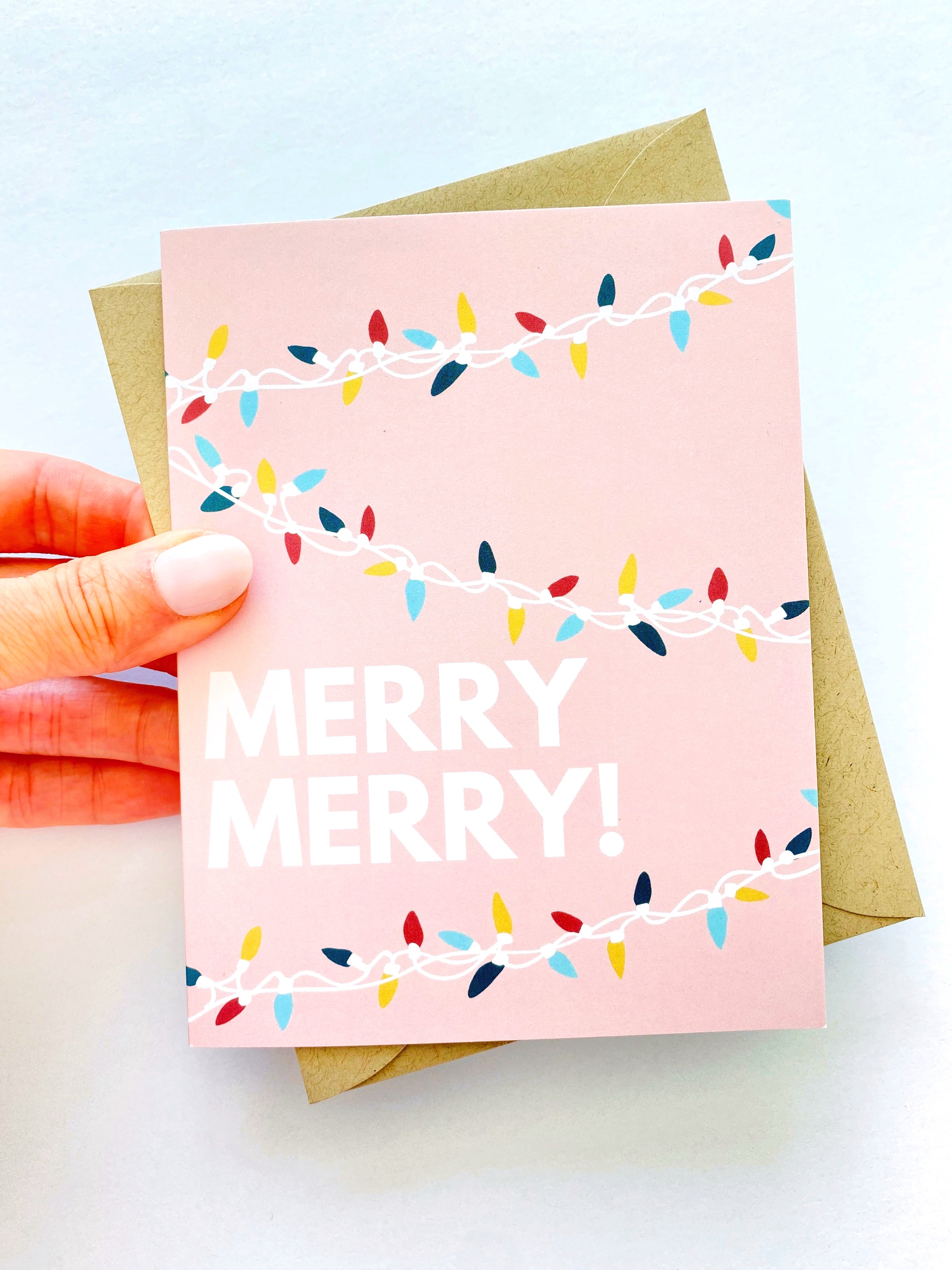 Merry Merry Christmas Lights Pink Holiday Card