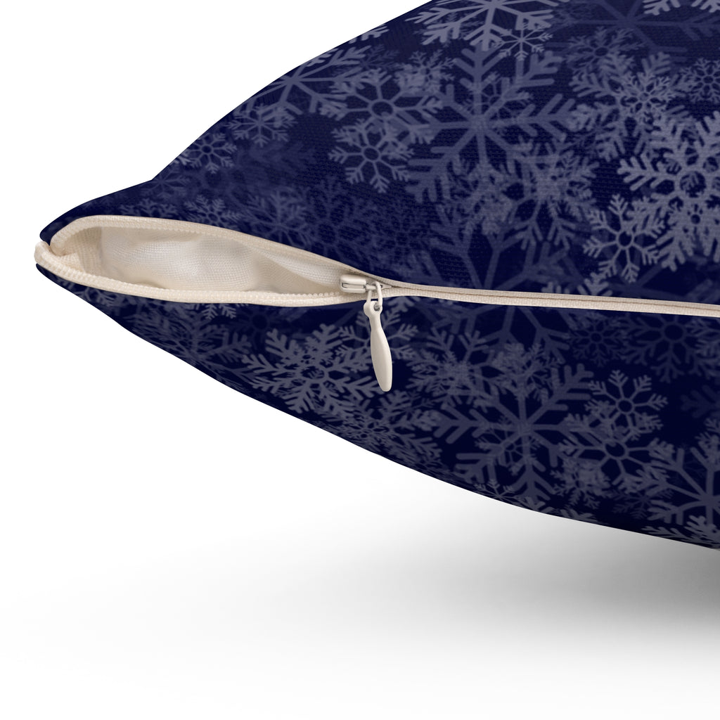 Joyeux Noël dark blue Holiday Throw Pillow, Festive Winter Village Décor with snowflake print and cozy winter theme