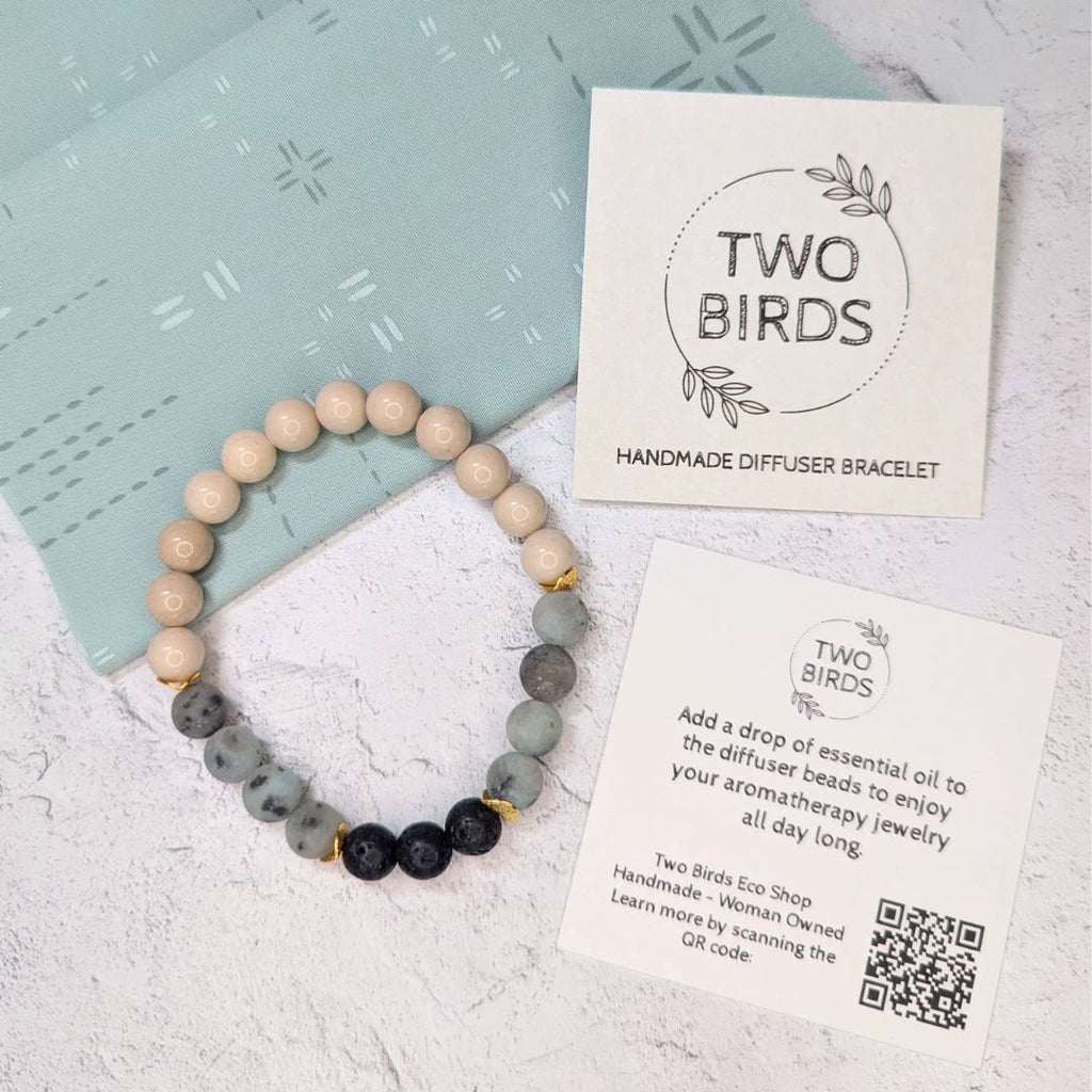 Gemstone Diffuser Bracelet - Fossil Jasper + Kiwi Jasper + Lava Rock by Two Birds Eco Shop