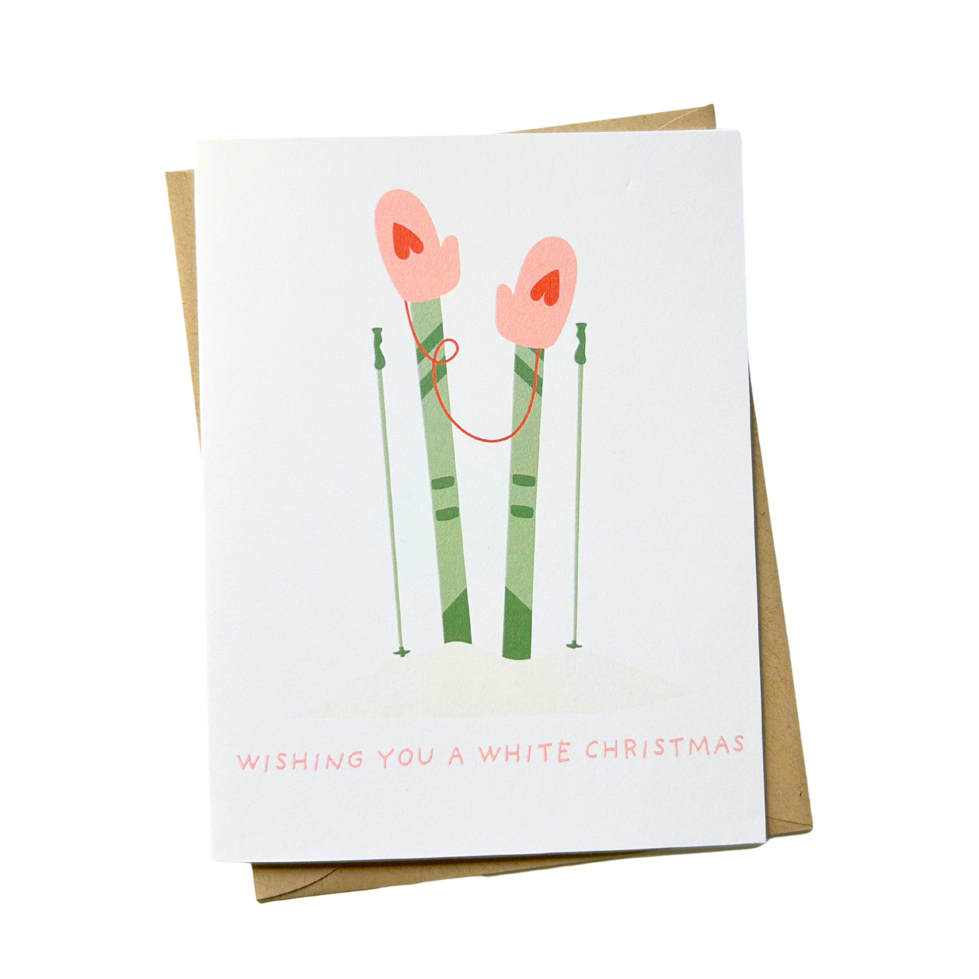 Wishing You a White Christmas Card – Cute Pink Ski-Themed Holiday Greeting