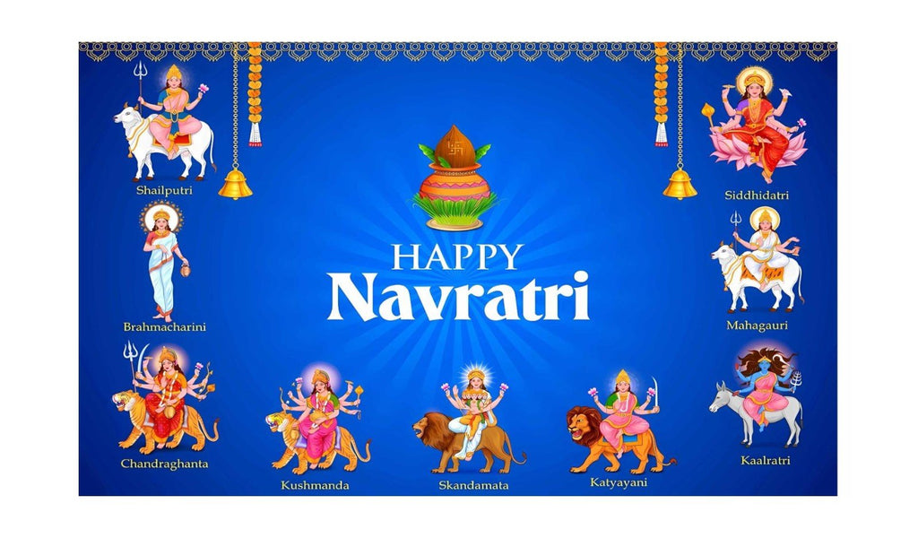 5x8 Feet Fabric Reusable Happy Navratri Backdrop Banner for Navratri or Durga Puja Festival Festive Decor La Vie Bien 5x8 Feet Fabric Reusable Happy Navratri Backdrop Banner for Navratri or Durga Puja Festival