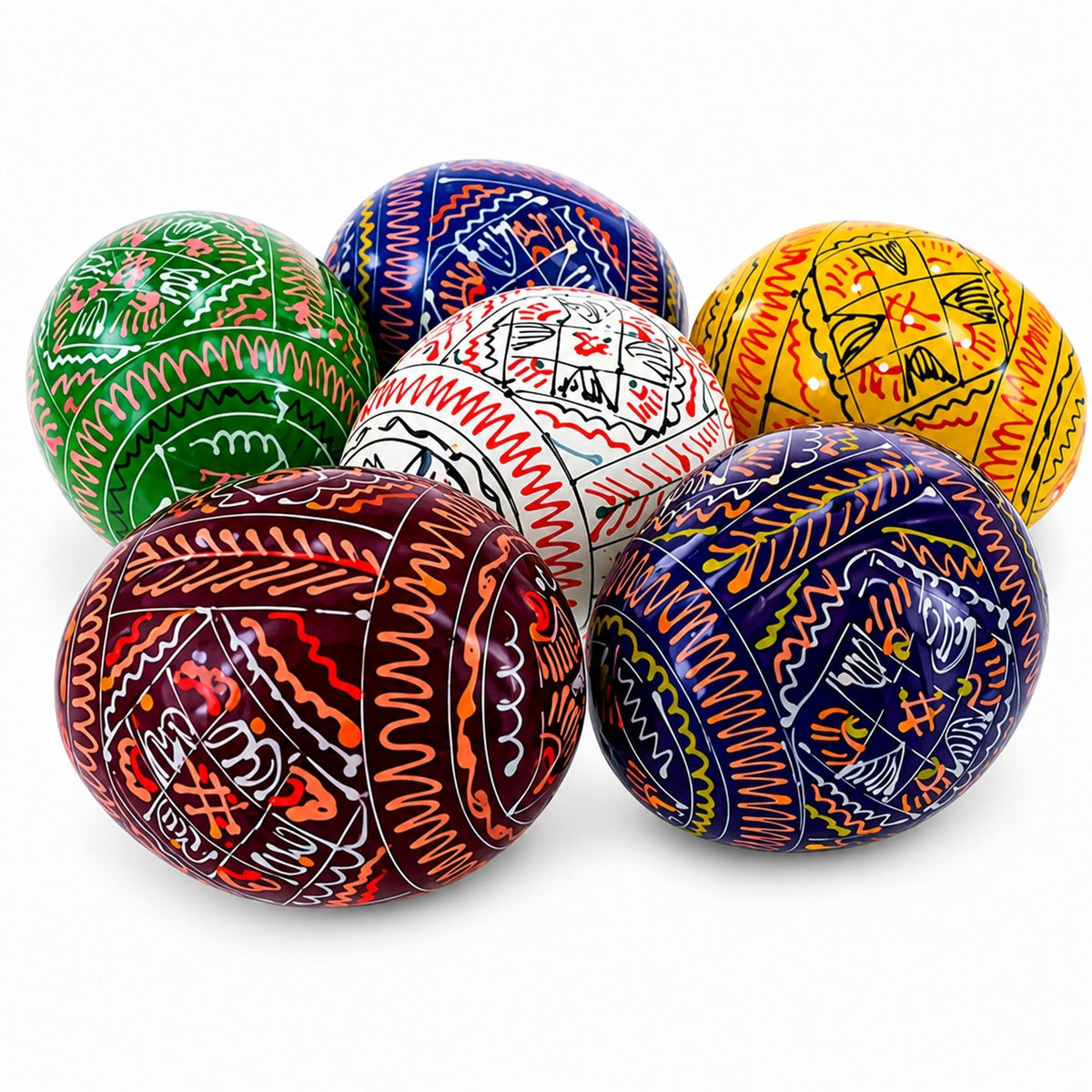 6 Hand Painted Geometric Ukrainian Wooden Easter Eggs Pysanky Easter Eggs > Wooden Pysanky Sets La Vie Bien 6 Hand Painted Geometric Ukrainian Wooden Easter Eggs Pysanky