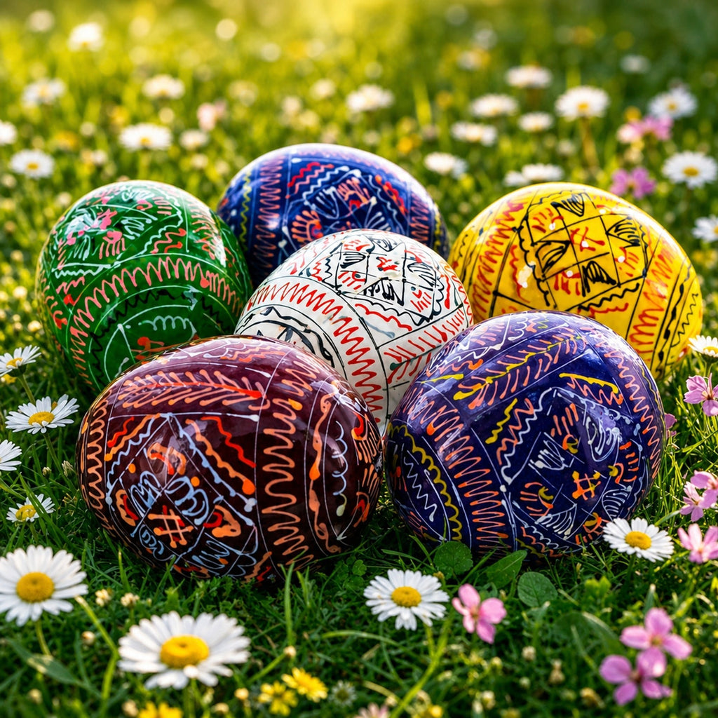 6 Hand Painted Geometric Ukrainian Wooden Easter Eggs Pysanky Easter Eggs > Wooden Pysanky Sets La Vie Bien 6 Hand Painted Geometric Ukrainian Wooden Easter Eggs Pysanky