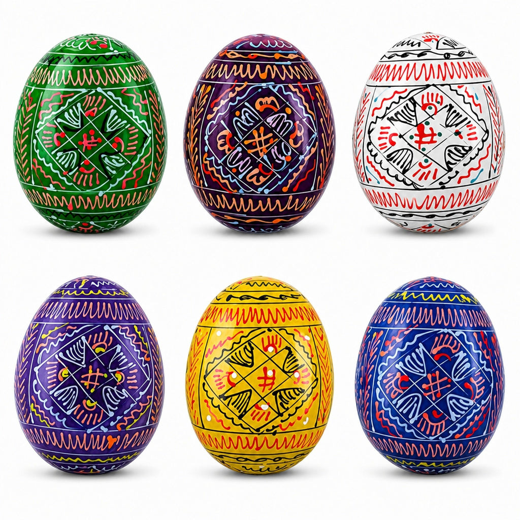 6 Hand Painted Geometric Ukrainian Wooden Easter Eggs Pysanky Easter Eggs > Wooden Pysanky Sets La Vie Bien 6 Hand Painted Geometric Ukrainian Wooden Easter Eggs Pysanky