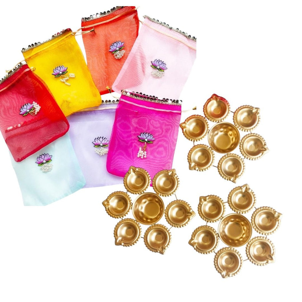 6 Inch Diya Urli with Tissue Potli Combo - Return Gifts for Housewarming, Diwali or Puja La Vie Bien 6 Inch Diya Urli with Tissue Potli Combo - Return Gifts for Housewarming, Diwali or Puja