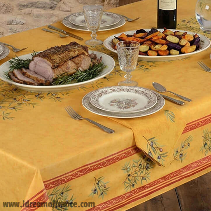 60" Square Clos des Oliviers Yellow Double Border Acrylic - Coated Cotton Tablecloth by Label France Tablecloth La Vie Bien 60" Square Clos des Oliviers Yellow Double Border Acrylic - Coated Cotton Tablecloth by Label France