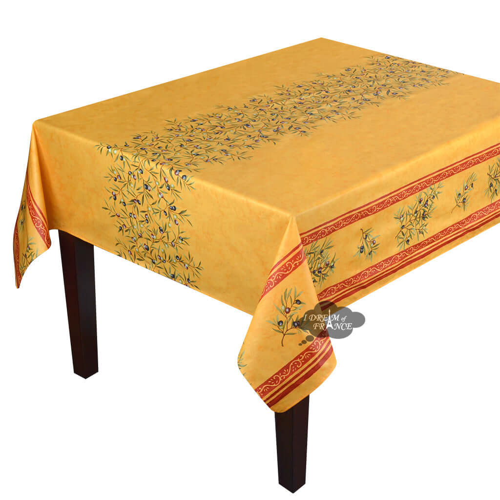 60" Square Clos des Oliviers Yellow Double Border Acrylic - Coated Cotton Tablecloth by Label France Tablecloth La Vie Bien 60" Square Clos des Oliviers Yellow Double Border Acrylic - Coated Cotton Tablecloth by Label France