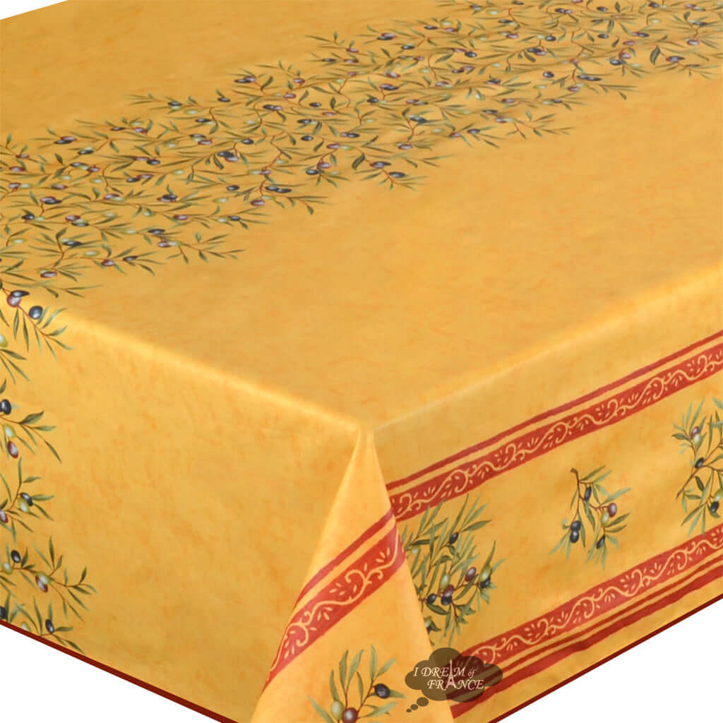60" Square Clos des Oliviers Yellow Double Border Acrylic - Coated Cotton Tablecloth by Label France Tablecloth La Vie Bien 60" Square Clos des Oliviers Yellow Double Border Acrylic - Coated Cotton Tablecloth by Label France
