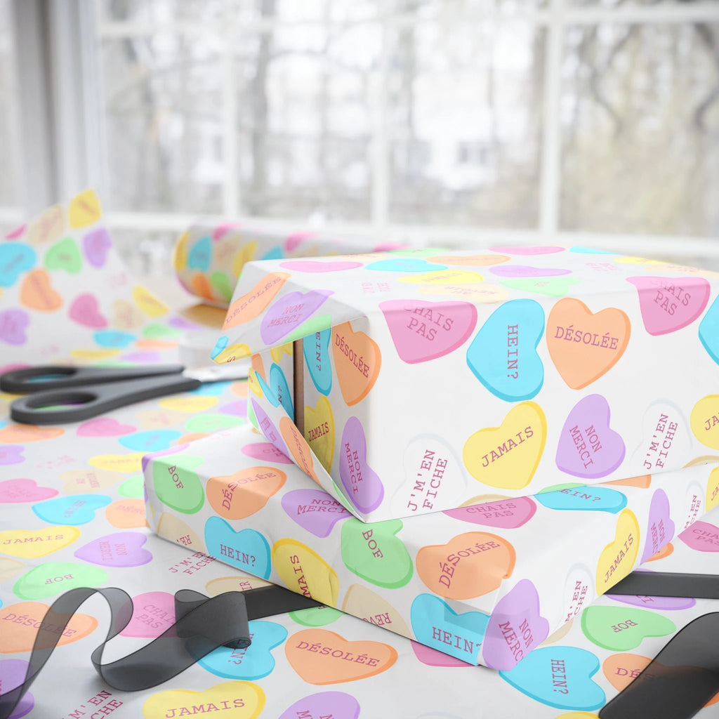 Sassy French Conversation candy Heart Wrapping Paper, Pastel Valentine Gift Wrap by Printify