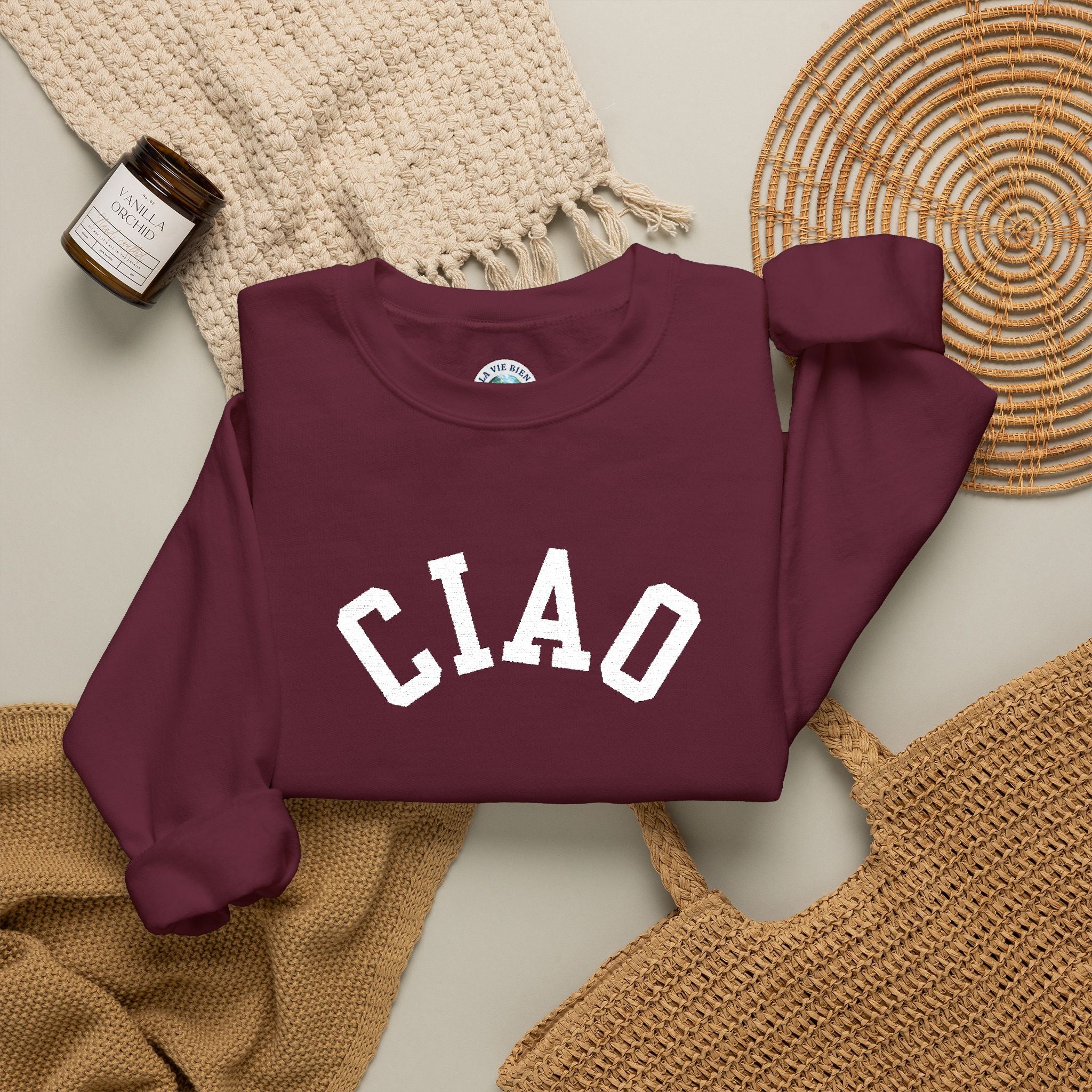 Ciao embroidered Italian Crewneck Sweatshirt, Italian Greeting Graphic Pullover