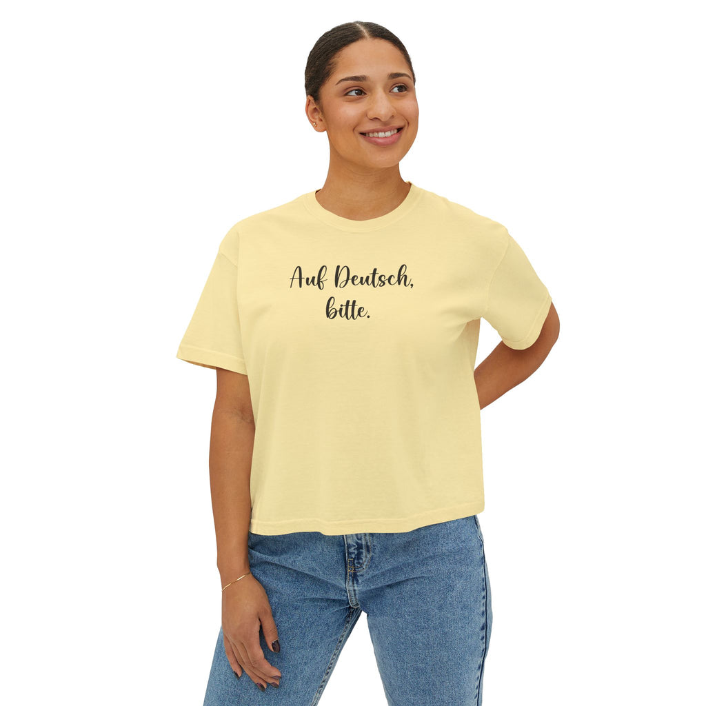 Auf Deutsch bitte Boxy Tee, German Phrase Shirt, Cropped White Tee