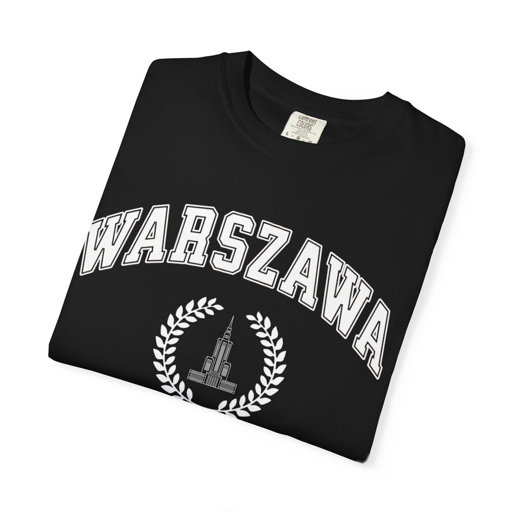 Warszawa Vintage Tee — Warsaw City Crest T-Shirt with Palace of Culture and Science graphic