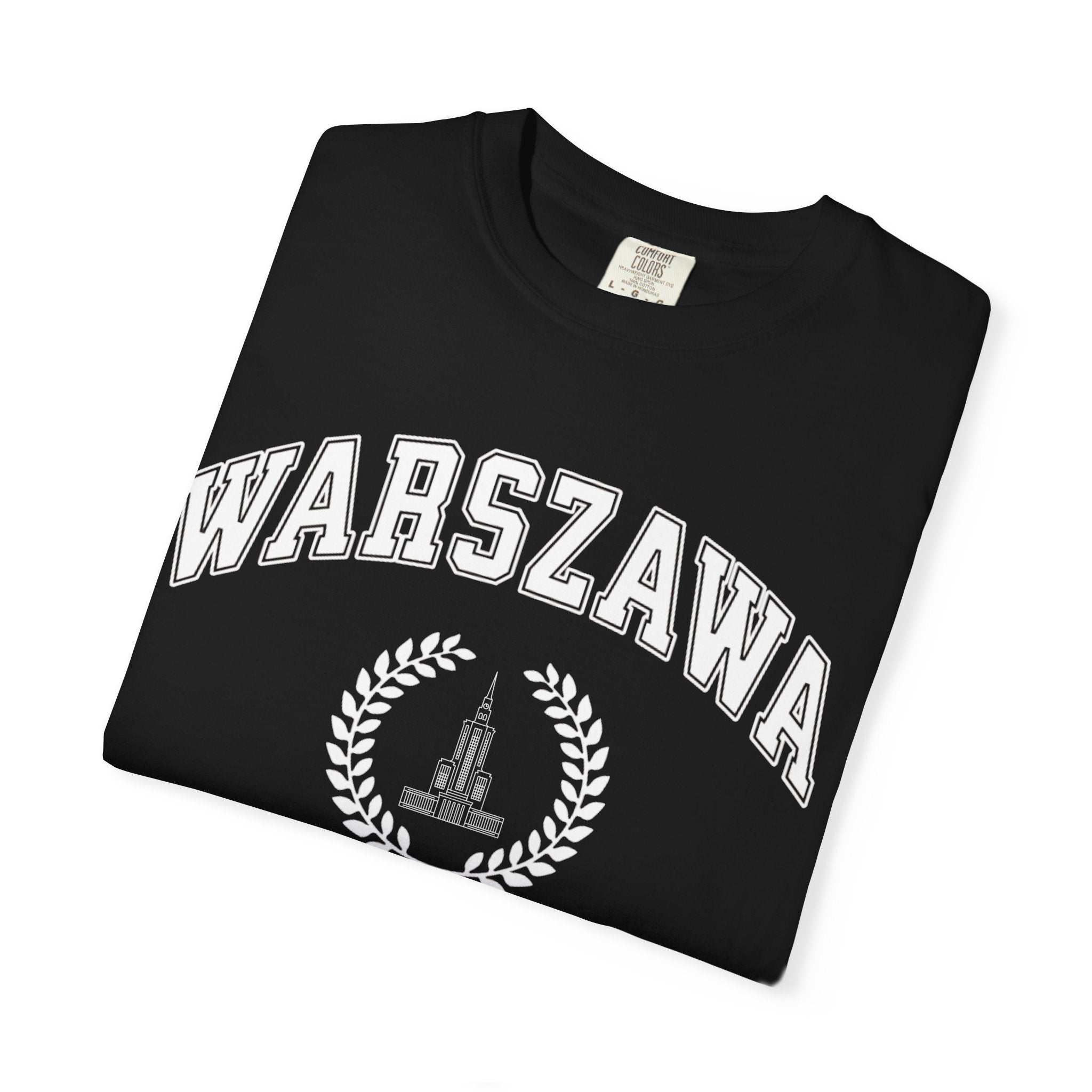 Warszawa Vintage Tee — Warsaw City Crest T-Shirt with Palace of Culture and Science graphic