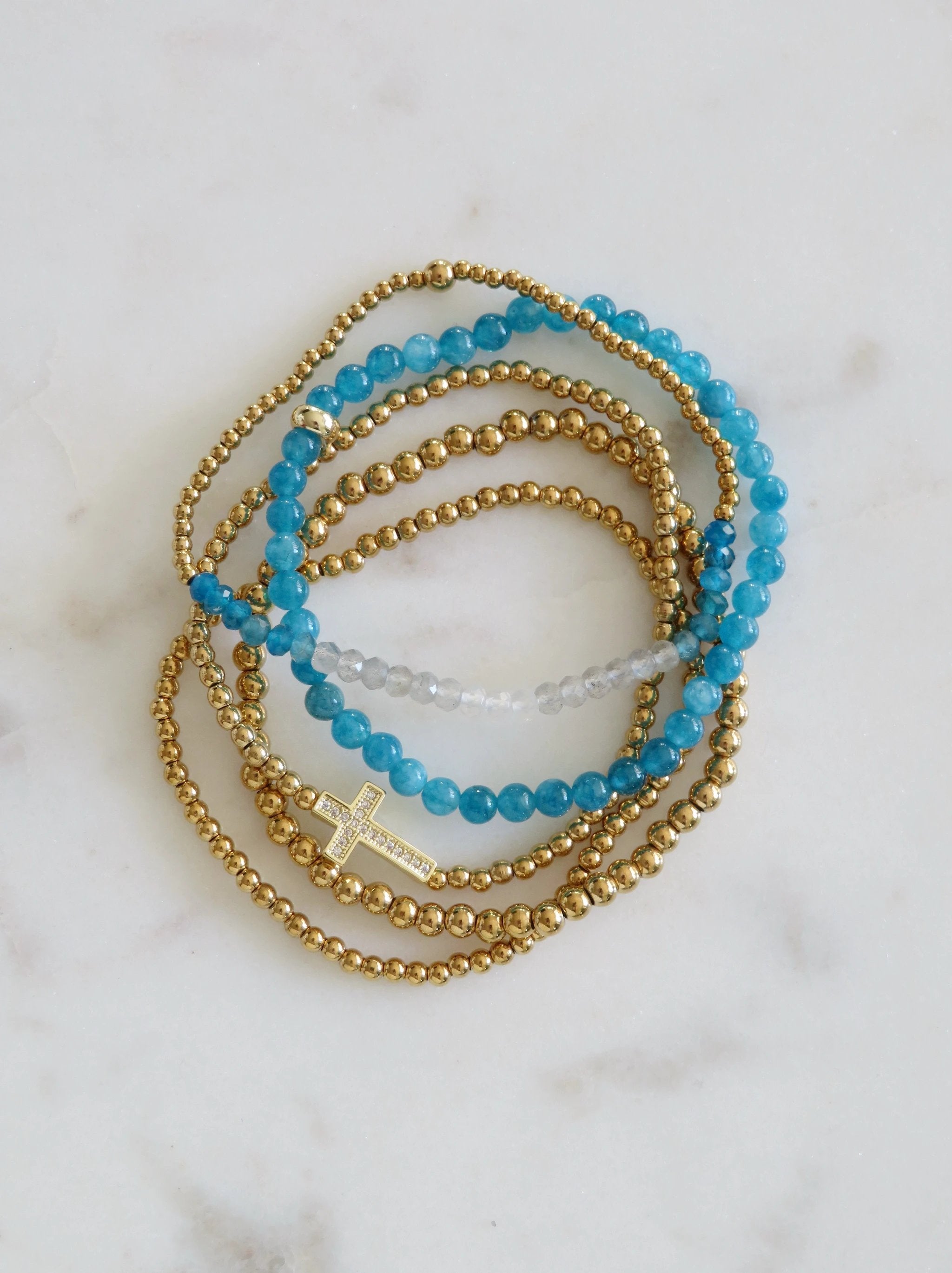Holy Cross Blue Beaded Bracelet Stack - Set of 5 Waterproof Non-Tarnish by Curated By Suarez