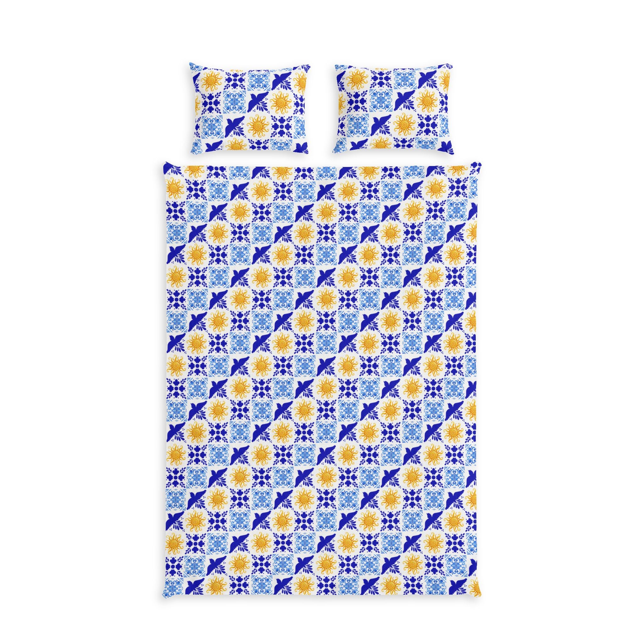 Mediterranean Sun 'Talavera Sol' Tile Cotton Bed Set - Blue, yellow, and white bedding