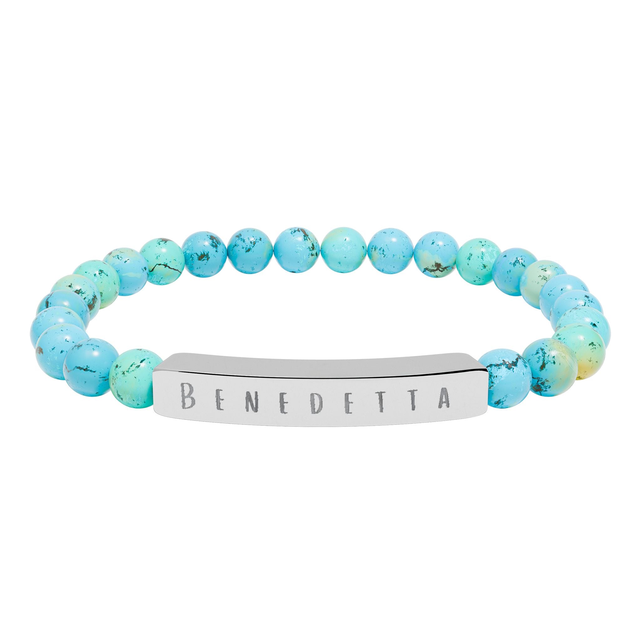 Benedetta (Blessed) Engraved Natural Stone Stretch Bar Bracelet — Italian Beaded Bracelet