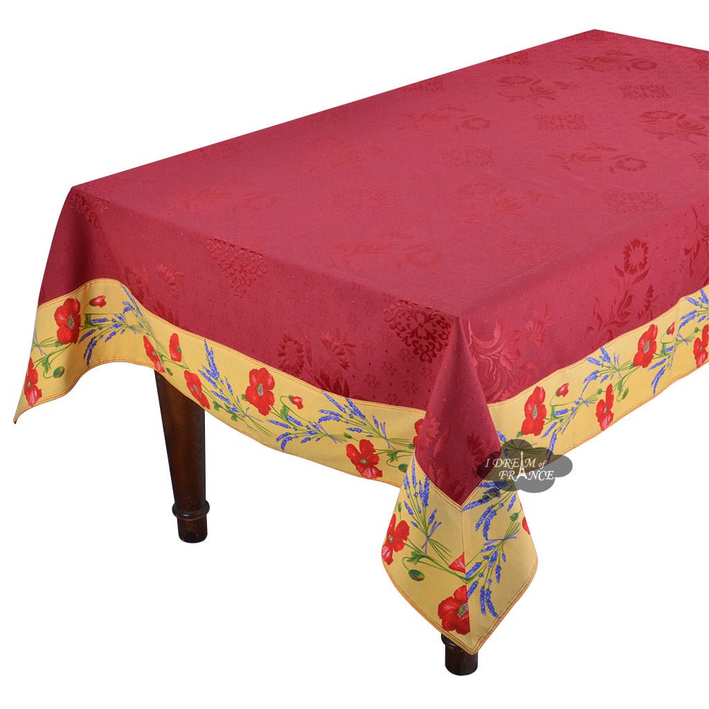 62x124" Rectangular Poppies Yellow & Red Matelassé Tablecloth by Tissus Toselli Tablecloth La Vie Bien 62x124" Rectangular Poppies Yellow & Red Matelassé Tablecloth by Tissus Toselli