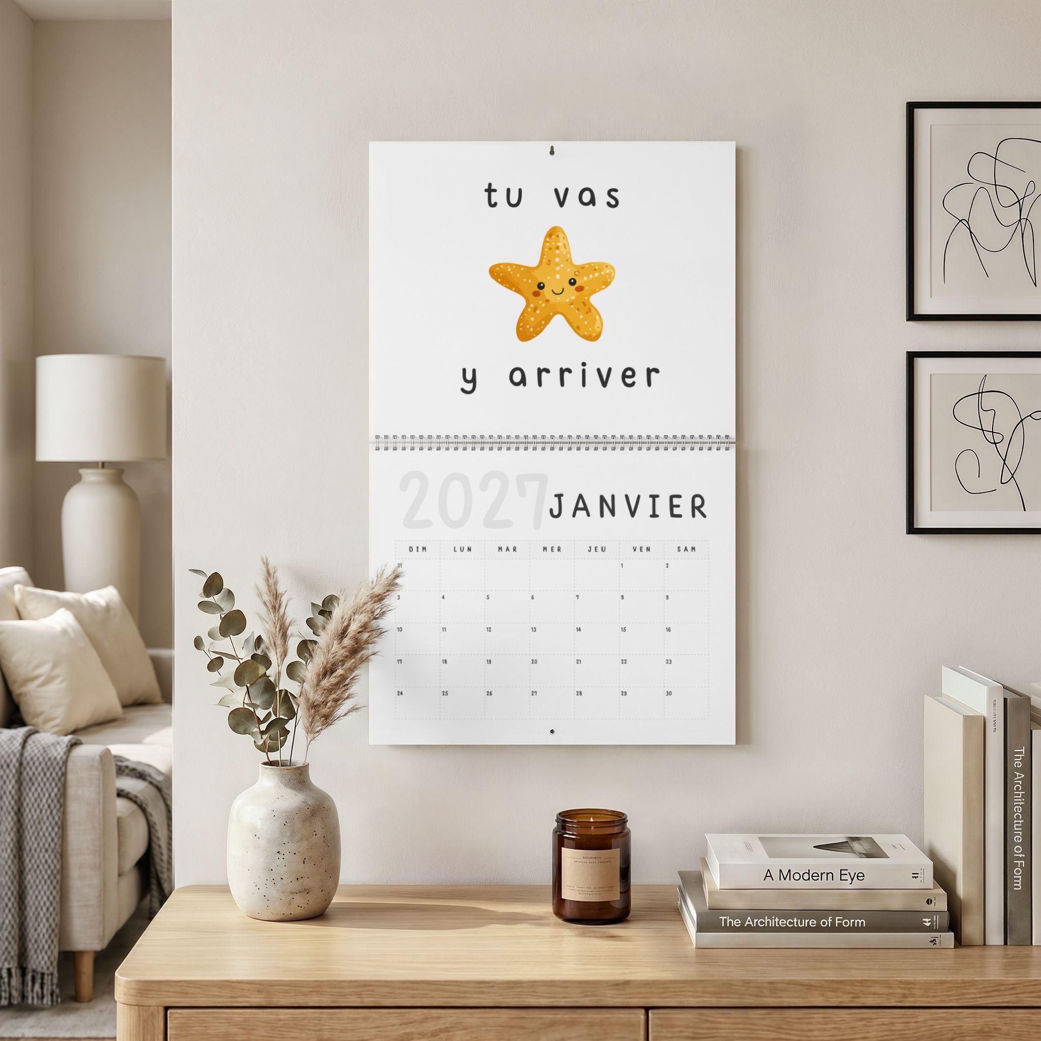 French motivational phrases kawaii Monthly Wall Calendar 2027, Cute Encouragement Calendar