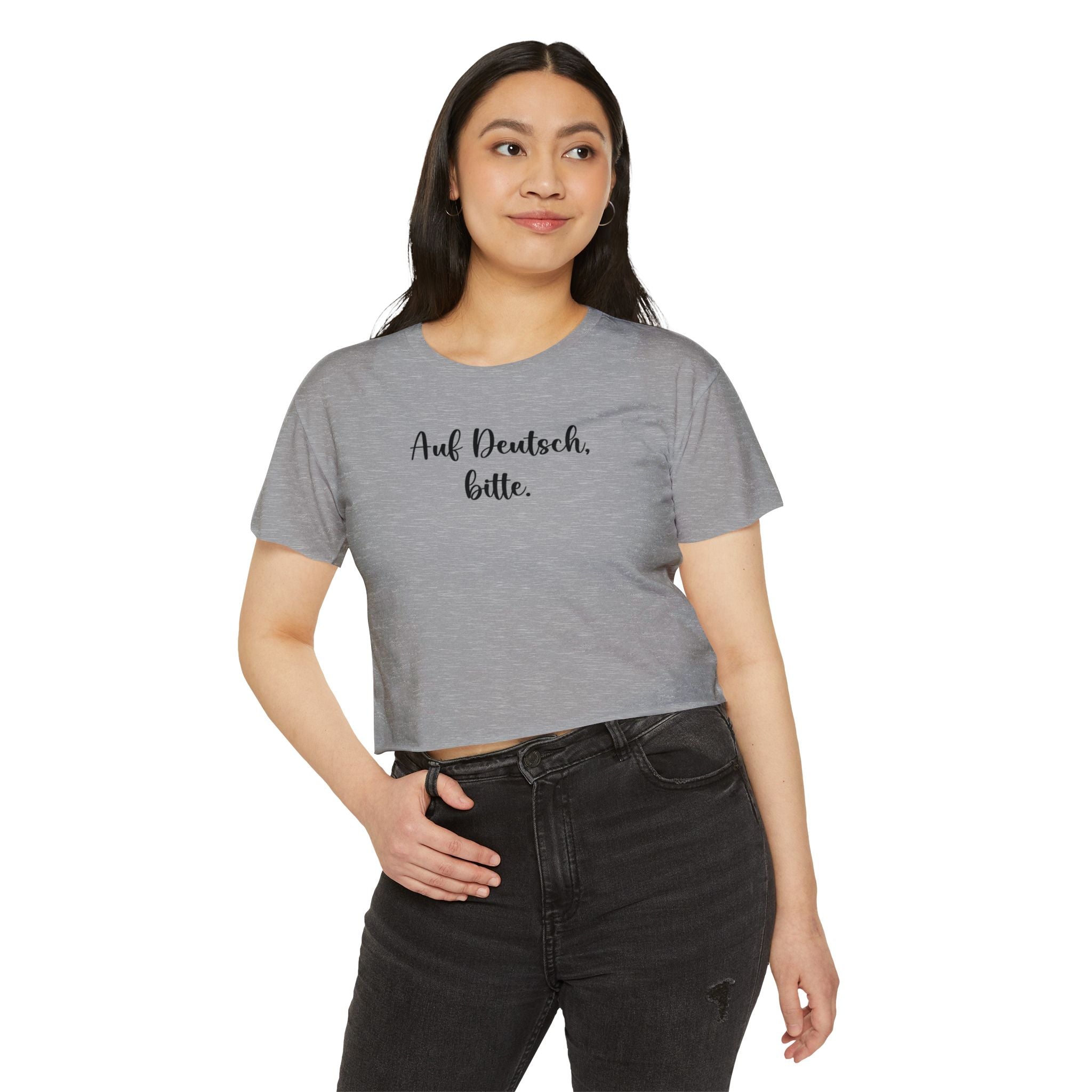 Auf Deutsch, bitte script crop top, German phrase tee, minimalist typography
