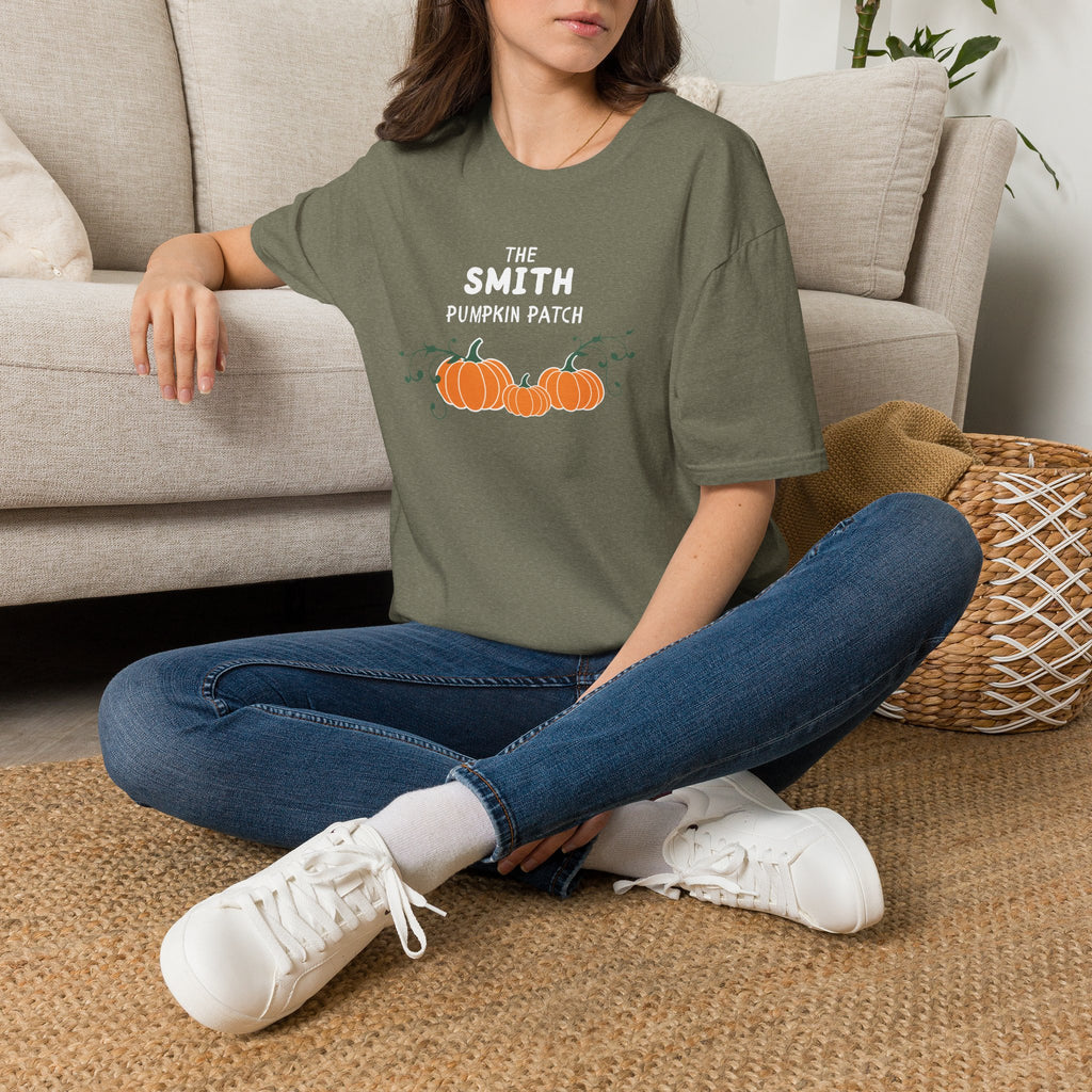 The Personalized Pumpkin Patch T-Shirt, Your family name Pumpkin Patch Fall Tee for autumn family photos, Pregnancy announcements