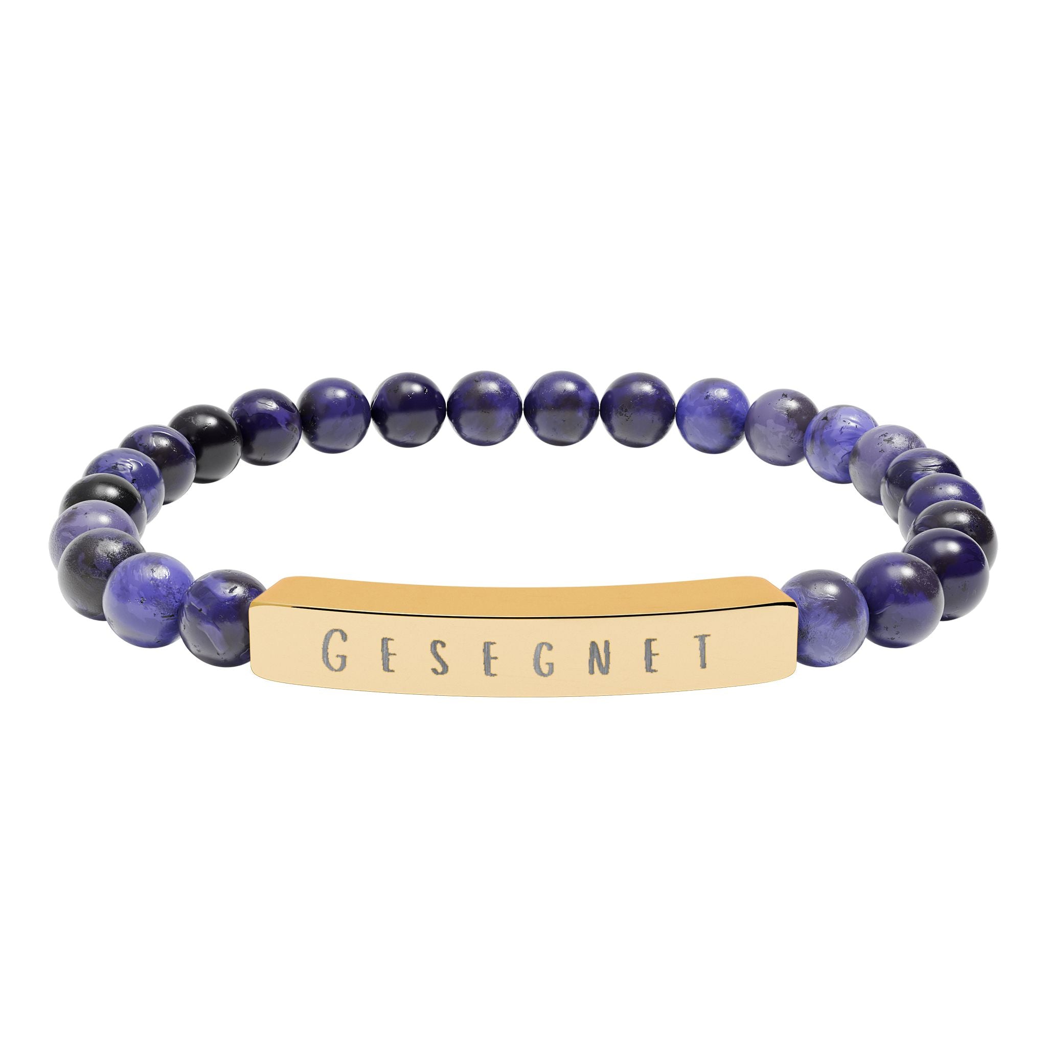 Gesegnet (Blessed) German Engravable Natural Stone Bar Bracelet — Stretch Gem Bead Bracelet