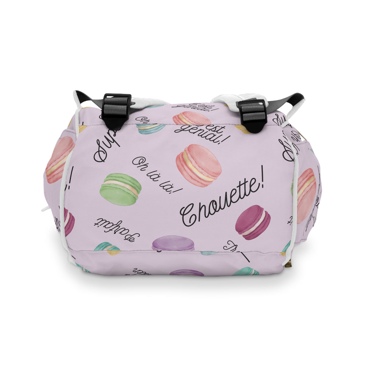 Pastel French Macarons Print Diaper Backpack with French phrases, Cute Pastel Baby Bag for New Parents
