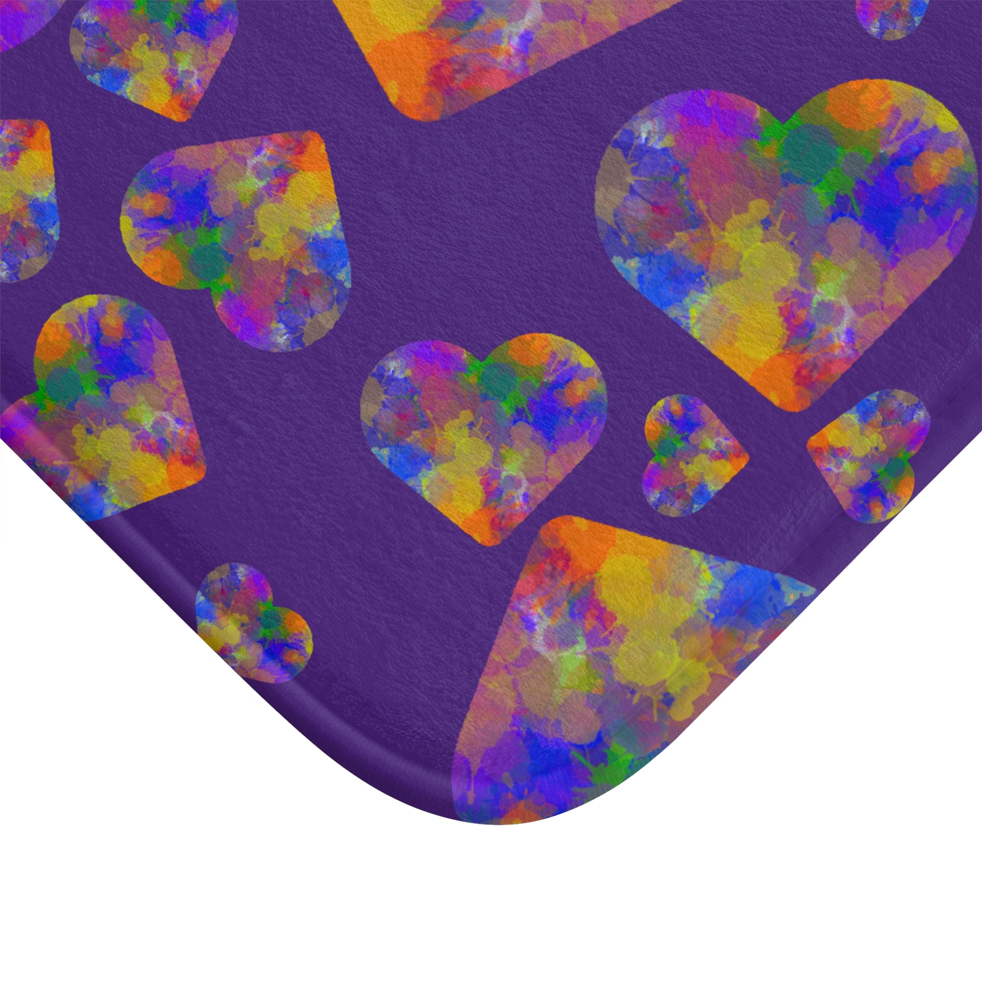 Purple paint splatter rainbow Hearts Bath Mat