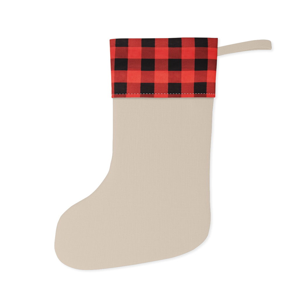 Wesołe święta Polish Merry Christmas pine trees Christmas Stocking, buffalo plaid cuff, beige fabric